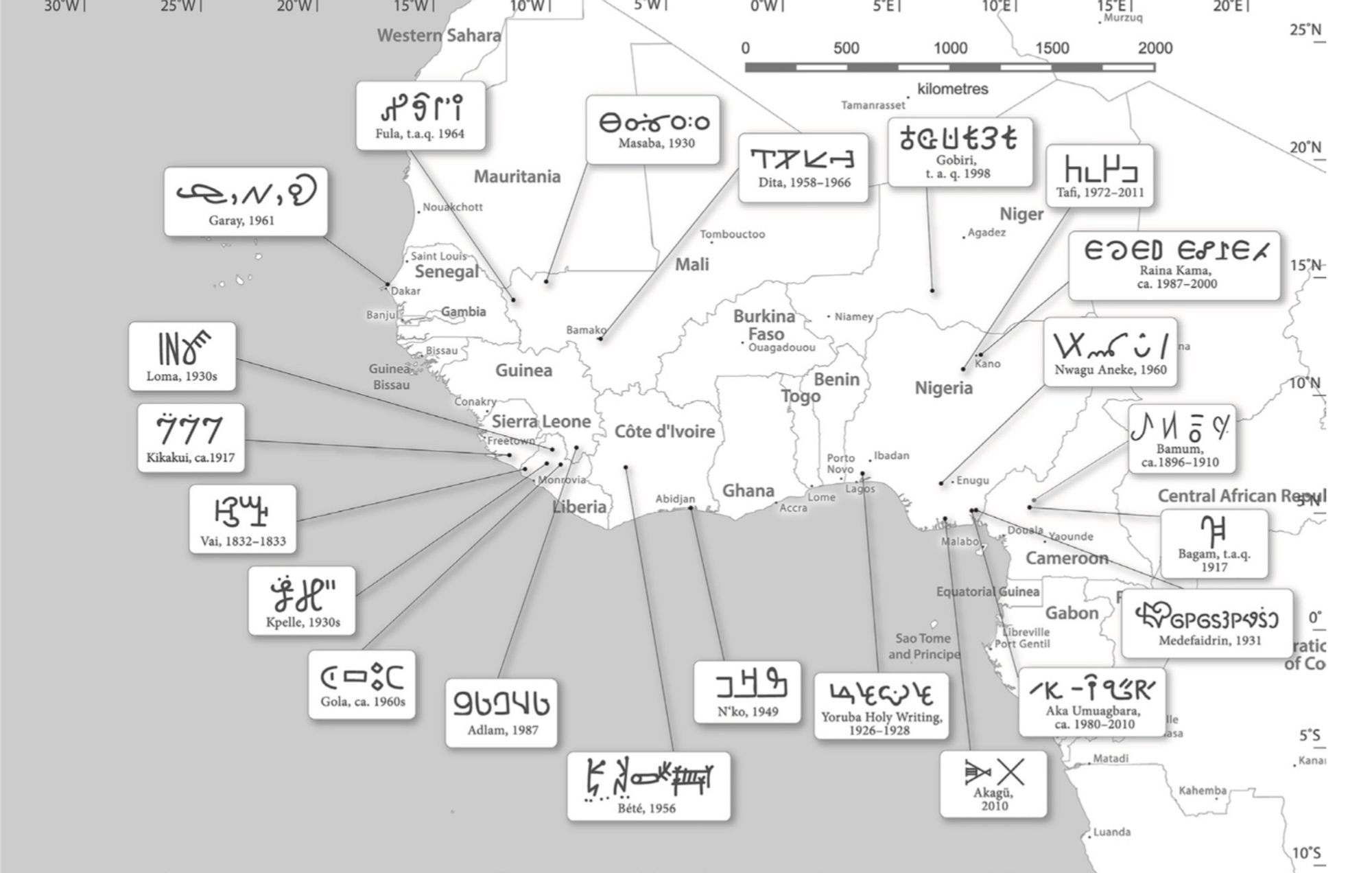 This grayscale map shows a range of indigenous writing systems across West Africa and the surrounding regions, with lines pointing from the locations to samples of their scripts. Each script sample includes the name of the script, such as "Vai, 1832-1833," "N'Ko, 1949," or "Adlam, 1987," along with the script's characters and the approximate date or time period when it was used or created. The map provides a visual representation of the linguistic diversity in script and written language throughout this part of Africa.