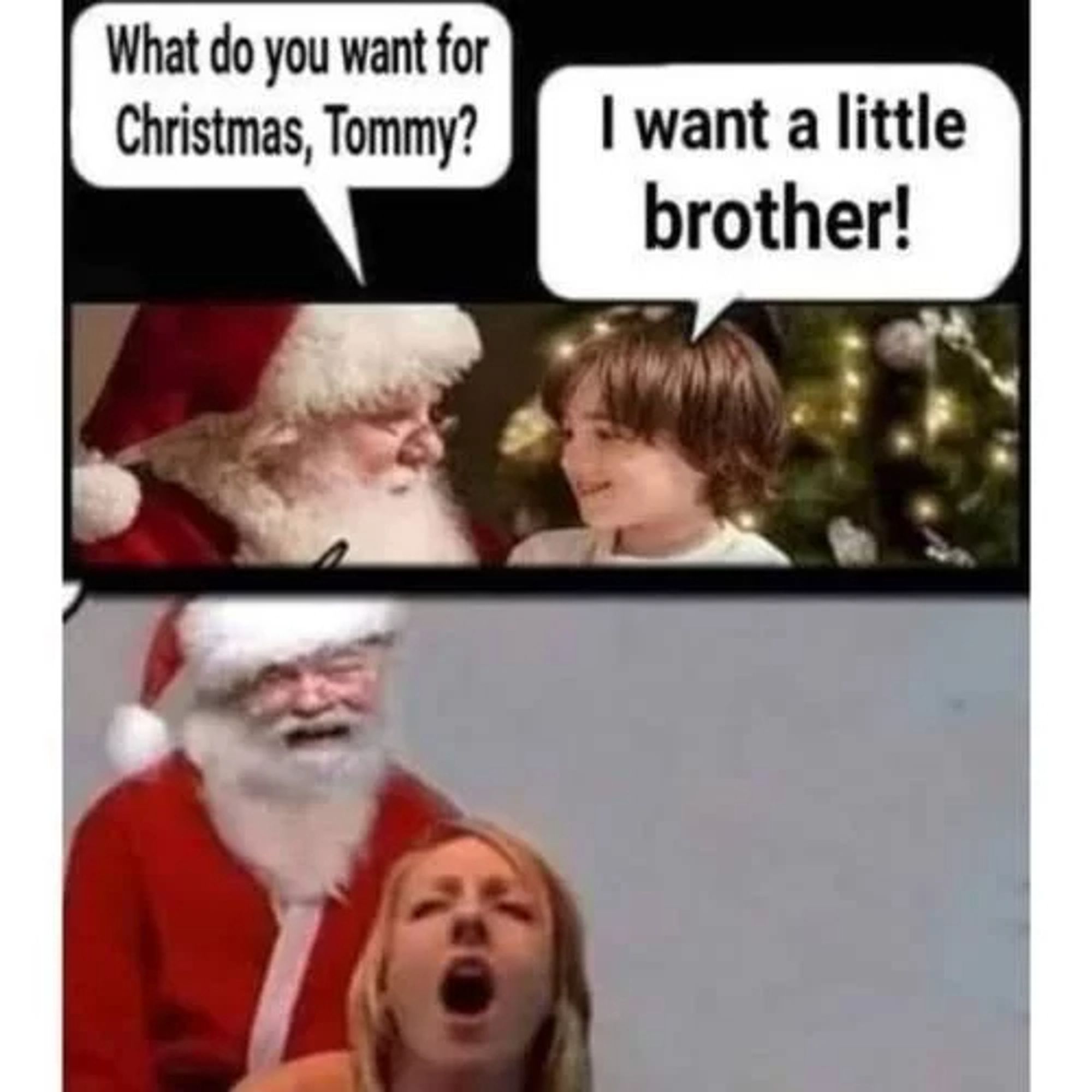 Two-panel comic meme. The top panel shows a boy with shoulder-length hair speaking to Santa Claus, saying, "I want a little brother!" The bottom panel features a distressed Santa Claus holding his beard open-mouthed, while a woman with blonde hair screams with a wide-open mouth. Both panels are set against a Christmas-themed backdrop with decorations.