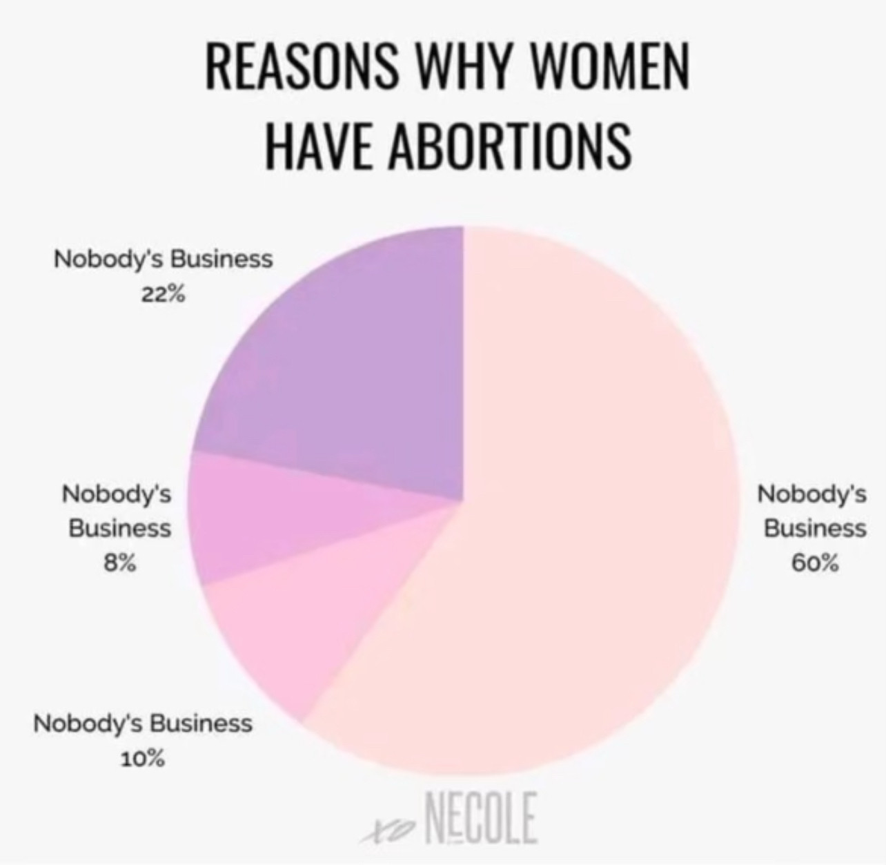 A pie chart titled “Reasons Why Women Have Abortions.” The pie chart has four segments, each labeled “Nobody’s Business,”