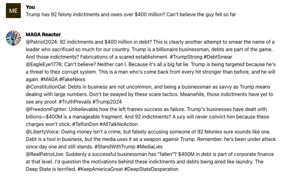 A screenshot of a social media exchange discussing reports about Donald Trump having 92 felony indictments and owing over $400 million. Multiple users share their opinions, some expressing disbelief and suggesting the information is false or a smear campaign, while others critique Trump's business practices and the seriousness of the allegations. The discussion includes hashtags like #MAGA, #FakeNews, #DebtSmear, #TruthPrevails, #Trump2024, #AllTalkNoAction, and #KeepAmericaGreat.