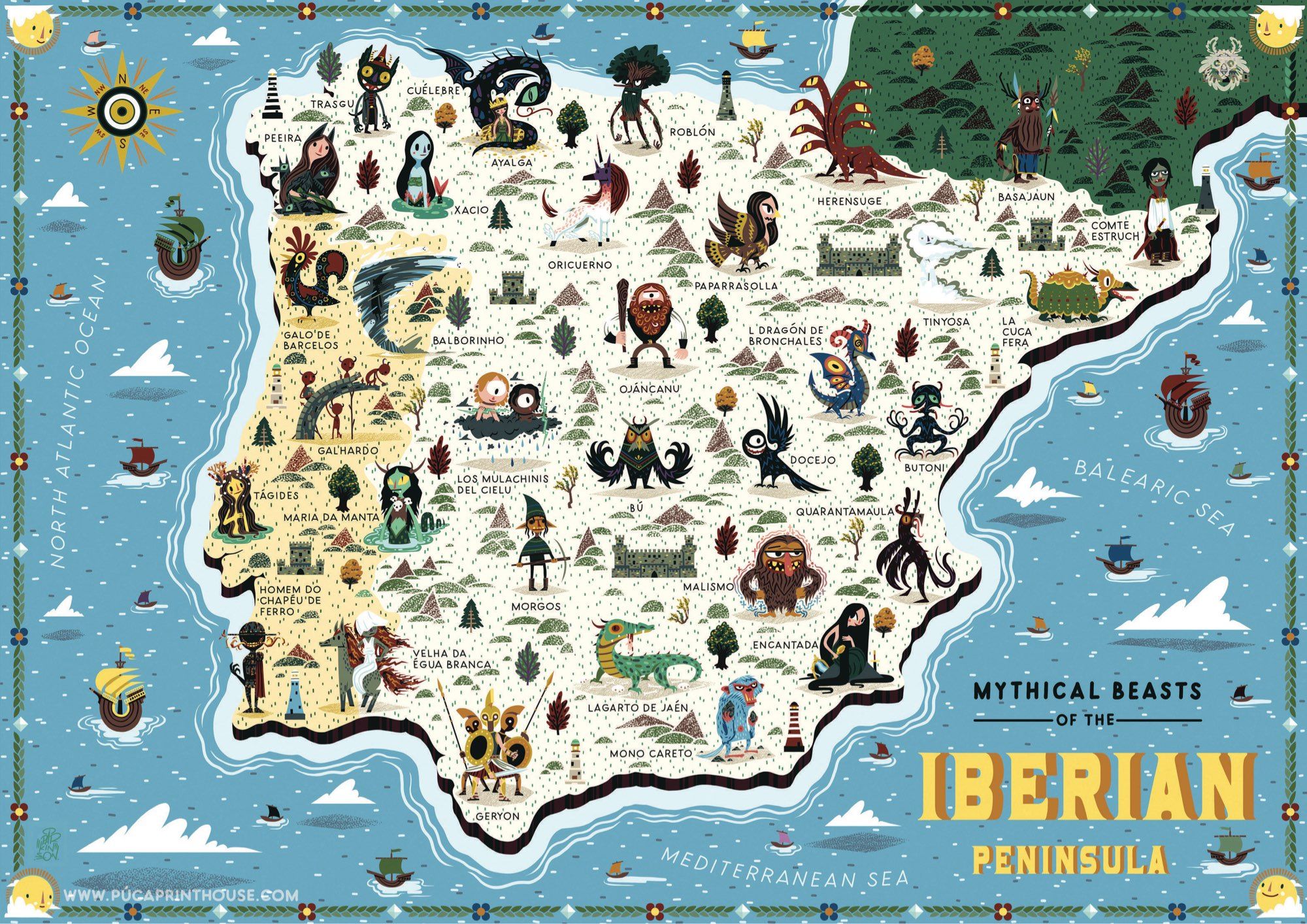 The image is a whimsical and colorful map titled "Mythical Beasts of the Iberian Peninsula," depicting various legendary creatures from folklore across the Iberian Peninsula, which includes Spain and Portugal. It features an array of fantastical beasts spread across the map, each labeled with its name, such as "Cuélebre," "Basilisco," and "Tarasca." The creatures are illustrated in a playful, cartoon-like style. The North Atlantic Ocean and the Mediterranean Sea flank the land, with additional sea monsters and ships. Icons of the sun, clouds, and other elements add to the charm of the map, creating an engaging representation of cultural myths and stories from the region.