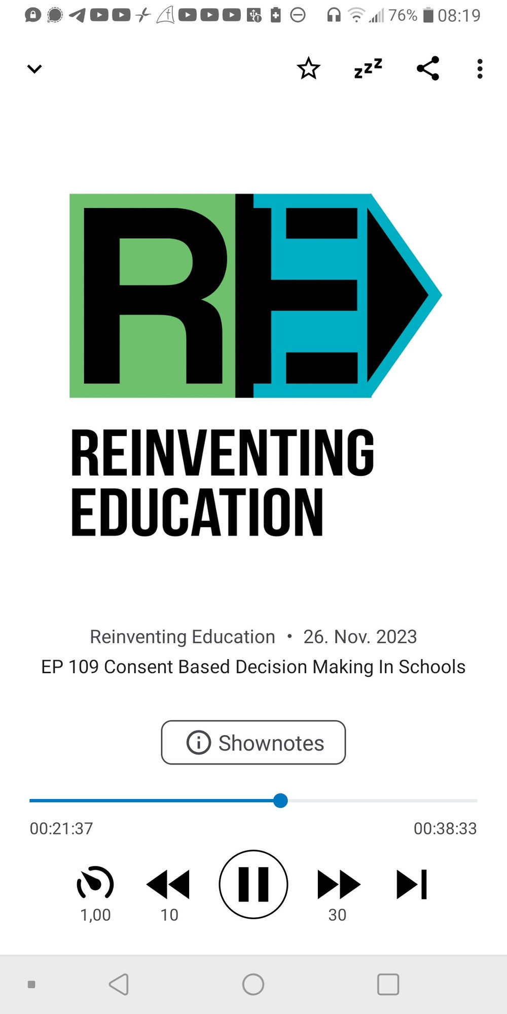 Screenshot des Podcasts "Reinventig Education", hier eine Folge über consent based decision making (Soziokratie)