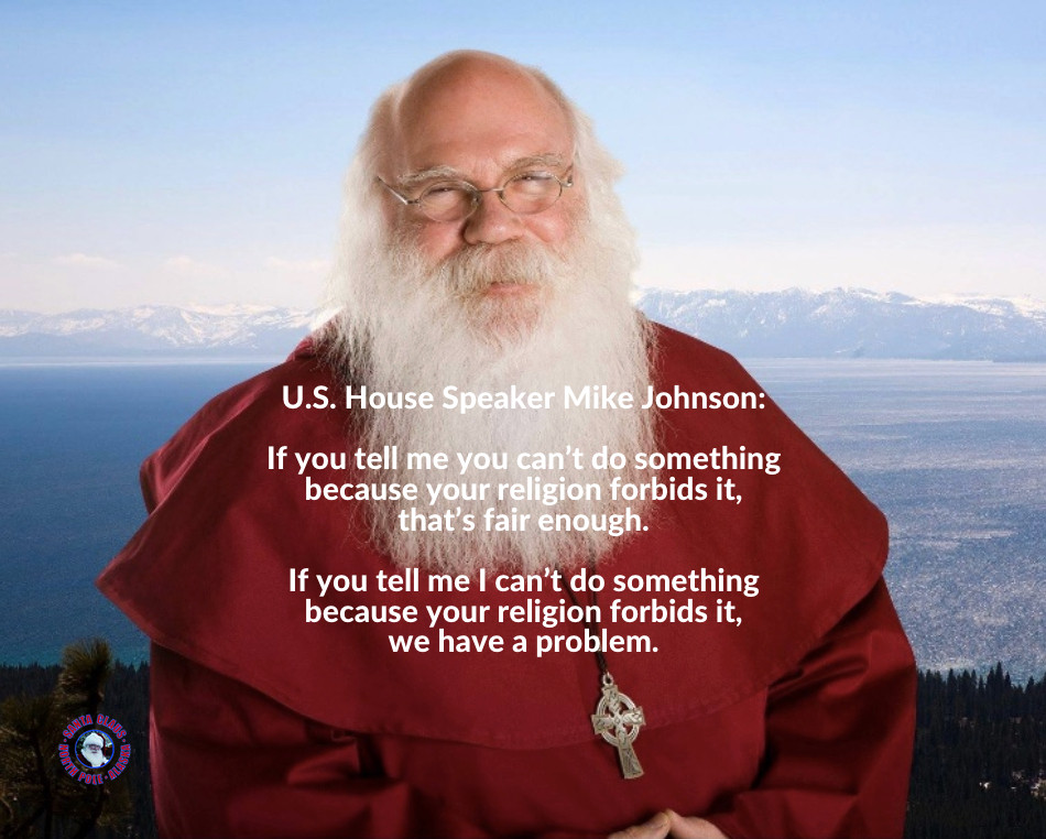 White text superimposed on a color photo of Bishop Santa Claus, wearing his glasses, red monk's robe, and Celtic Cross, standing above green trees with an expanse of water and mountains in the background.