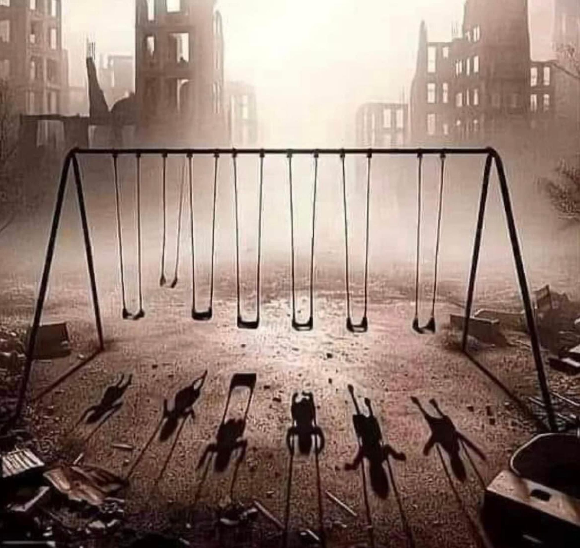 Image by Banksy: 'Gaza 2023'. A sepia-toned image of a swing-set on the dirt ground, amidst bombed-out buildings, rubble, and smoke/dust. The empty swing seats cast shadows that appear to show children in the same seats.  
"All wars are against children." ~ Eglantyne Jebb
CEASEFIRE!