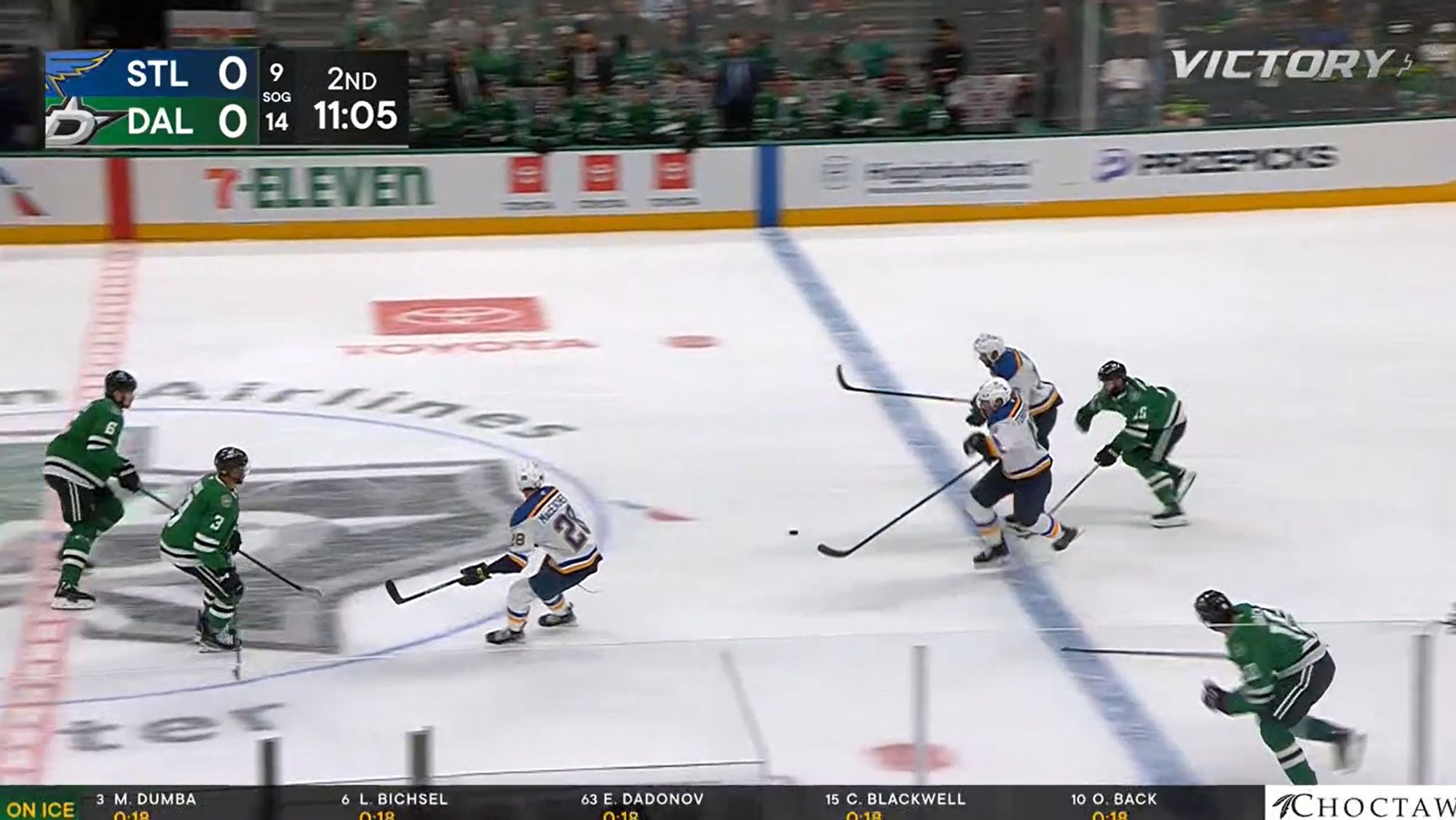 A screenshot of the Dallas Stars vs St. Louis Blues preseason game on Victory+ streaming. The scorebug in the top left of the screen is very big.