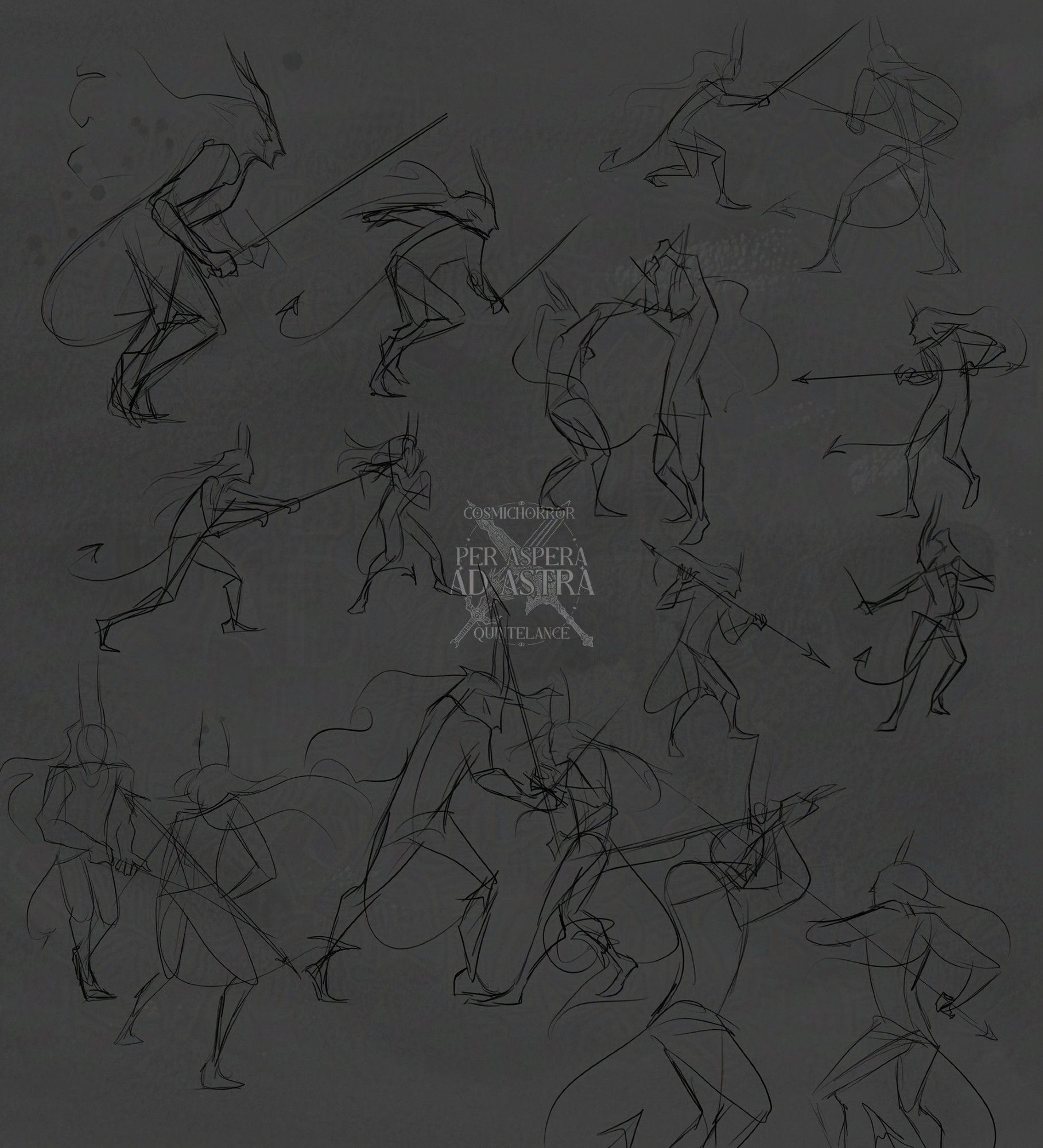 A selection of rough gesture sketches featuring various combinations of sword, spear, and dagger fights between demons.