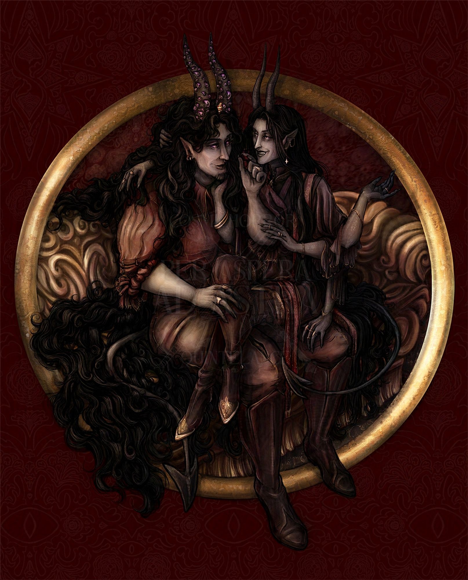 Enceladus and Vesta, two demons, looking at each other with adoring smiles, sitting on an ordnate plush sofa, decked in gold and finery against a backdrop of dark red with an intricate pattern like a wallpaper, set inside a large decorative gold ring. They both have long black hair and large horns, Vesta has multiple sets of arms, and Enceladus is wearing a tiny party hat.