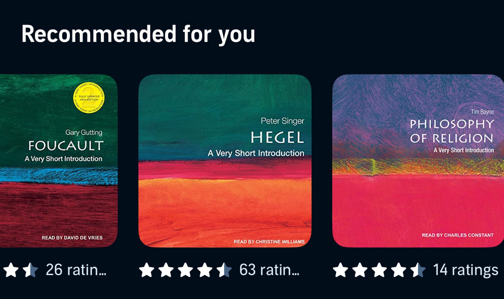 Screenshot of Audible’s “recommended for you” with Very Short Introductions about Foucault, Hegel, & Philosophy of Religion