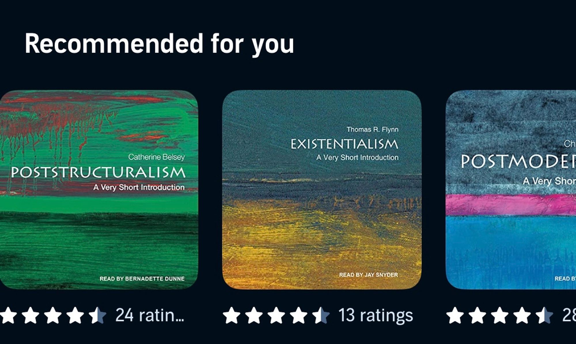 Screenshot of Audible’s “recommended for you” with Very Short Introductions about Poststructuralism, Existentialism, & Postmodernism