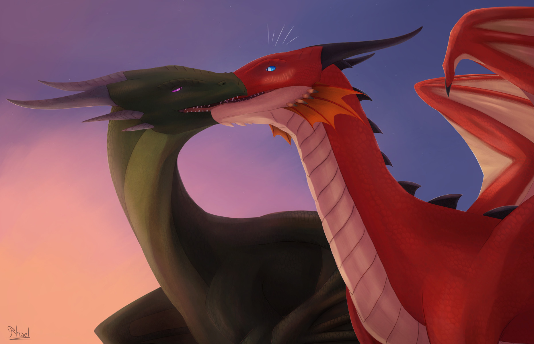 A dragon couple, the green female kiss by surprise the male red dragon