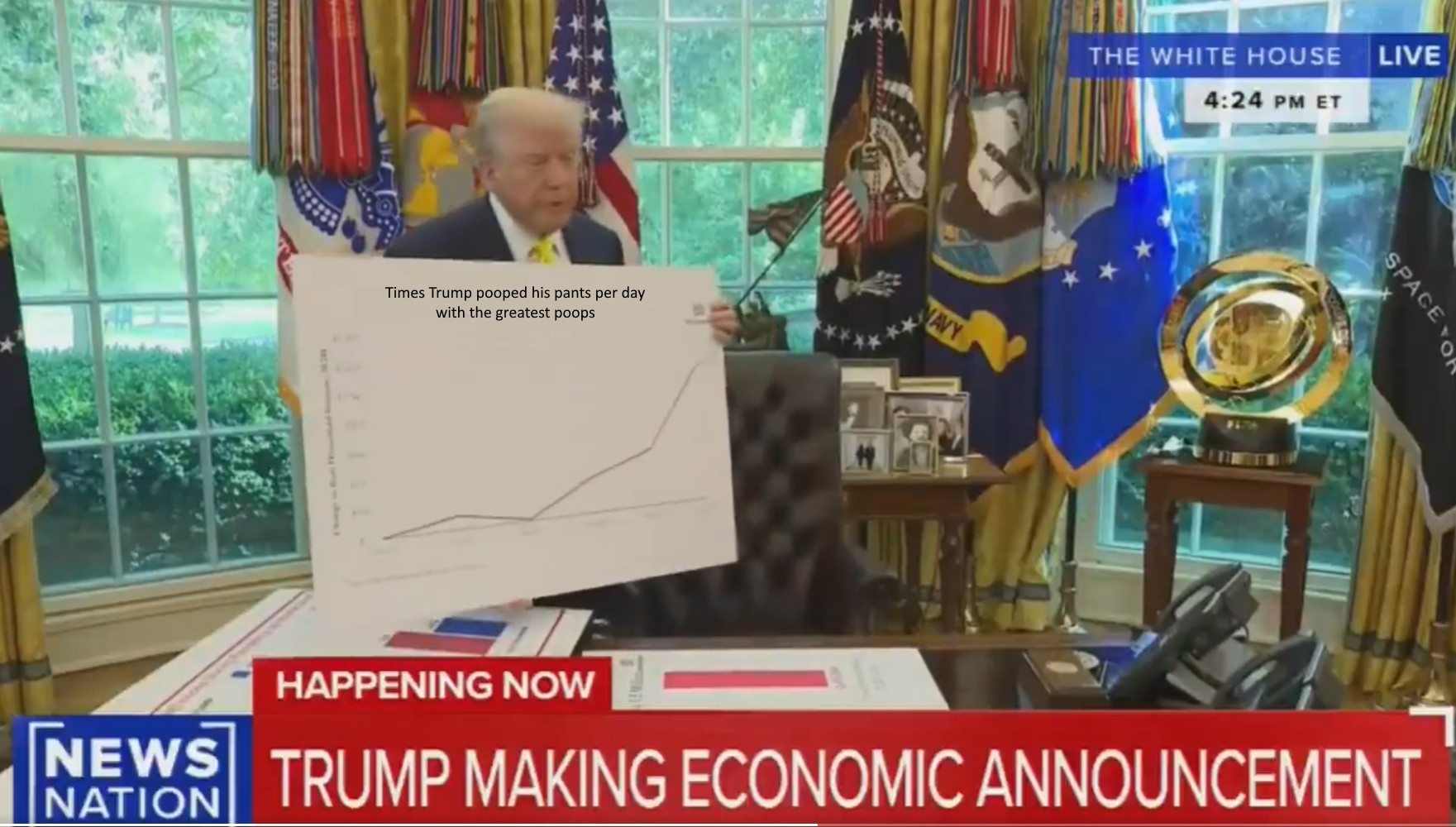 Trump holding a chart with a line going up bigly (he might say), with the edited in caption "Times Trump pooped his pants per day with the greatest poops".