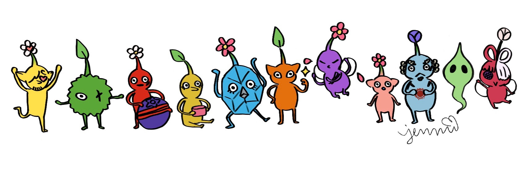 A series of illustrations depicting the cast of One Piece as Pikmin, tiny colourful humanoid creatures with flowers or leaves growing from their heads. Characters can be identified by their limited features - Sanji, yellow, has one eye covered and a heart in his flower; Zoro is just a ball of moss with limbs and one eye; Red Luffy has his face scar and holds a berry; khaki Usopp has a long nose and holds a pink cup; Franky is a bright blue Rock Pikmin with a steel nose in his iconic super pose; Nami is orange with cat ears and makes a hand sign for money; Winged Pikmin Robin sprouts more arms; Chopper is tiny, pink, and has a blue nose; Jinbe is large like a Purple Pikmin though pale blue with his sun tattoo and facial hair; Brook is merely a green Pikmin-shaped ghost; and Uta from One Piece Film Red is a Winged Pikmin with her iconic red and white split hairstyle. Artist signed “Jennii”