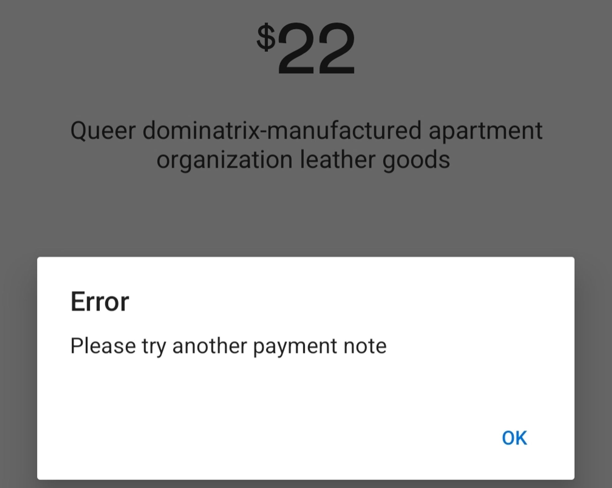 Venmo delivers an error, asking me to "Please try another payment note". Behind the pop up dialogue, a $22 payment to an unknown recipient for "Queer dominatrix-manufactured apartment organization leather goods".