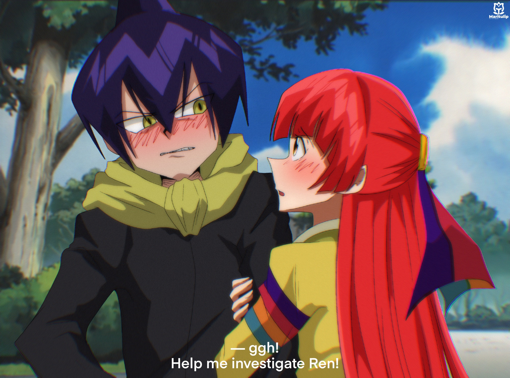 Meiling holds on to Ren’s arm and gives him puppy eyes to get him to help her investigate reports of a demon presence in a nearby temple. 