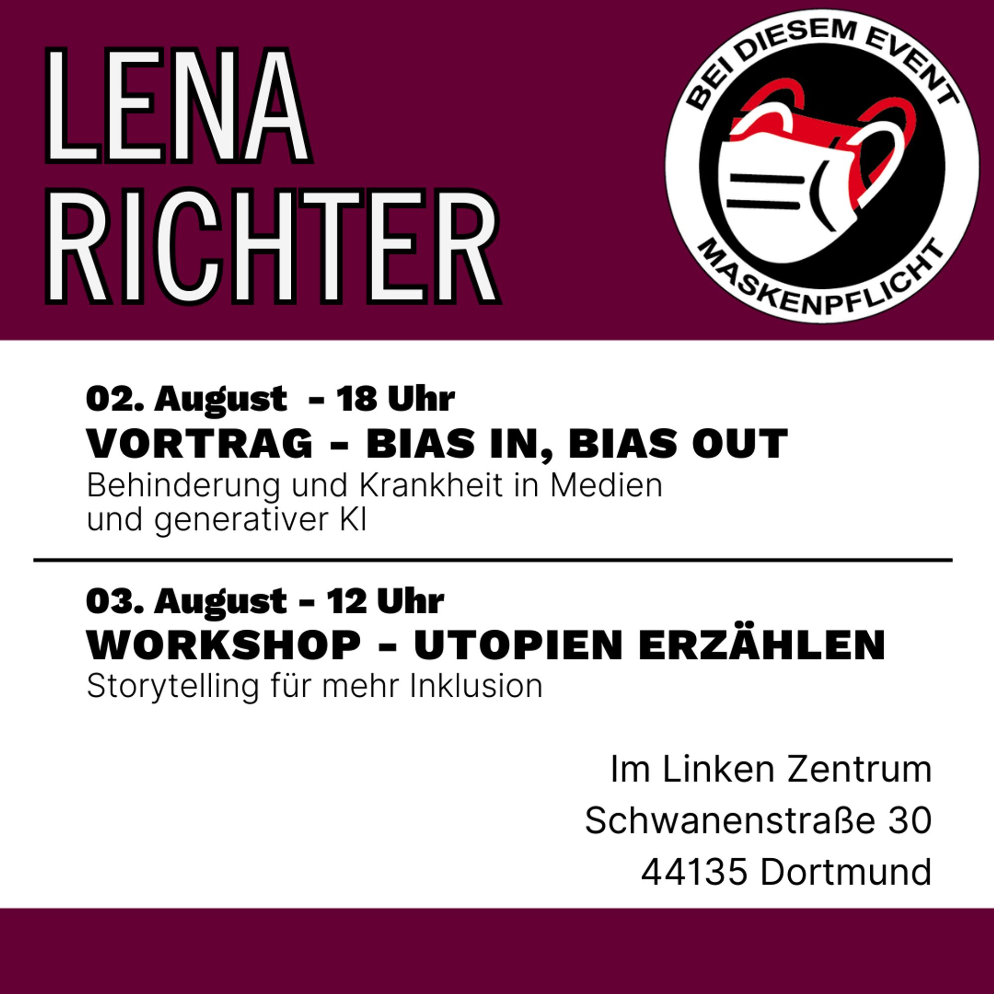 02.08. 18 Uhr:
Vortrag: Bias in, Bias out: Behinderung und Krankheit in Medien und generativer KI

03.08., 12 Uhr:
Workshop: Utopien erzählen - Storytelling für mehr Inklusion