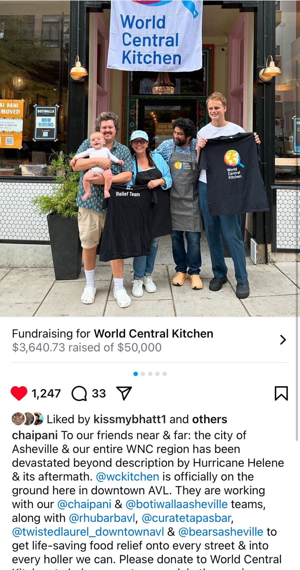 Screenshot from Chai Pani on instagram showing that World Central Kitchen is there and cooking