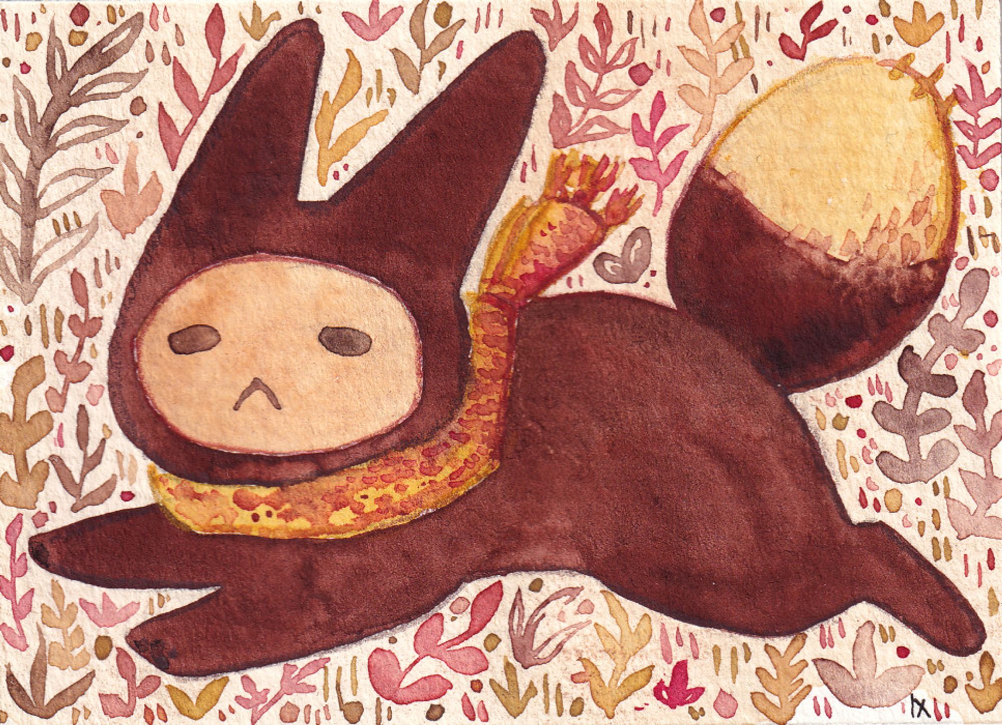 ACEO card of a stylized Eevee in watercolours on tea-stained paper. Instead of the usual neck fluff, it wears an orange scarf, fitting with the overall autumnal color palette.