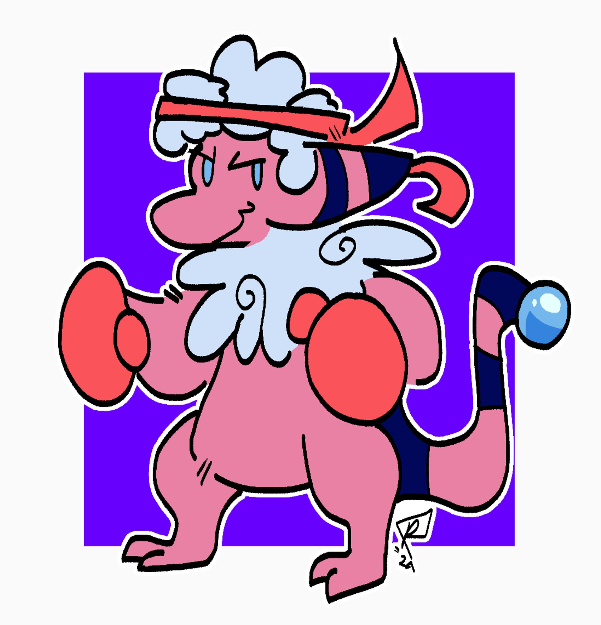 Fullbody drawing of a flaffy with boxing gloves and a headband. There is a blue-purple square behind it