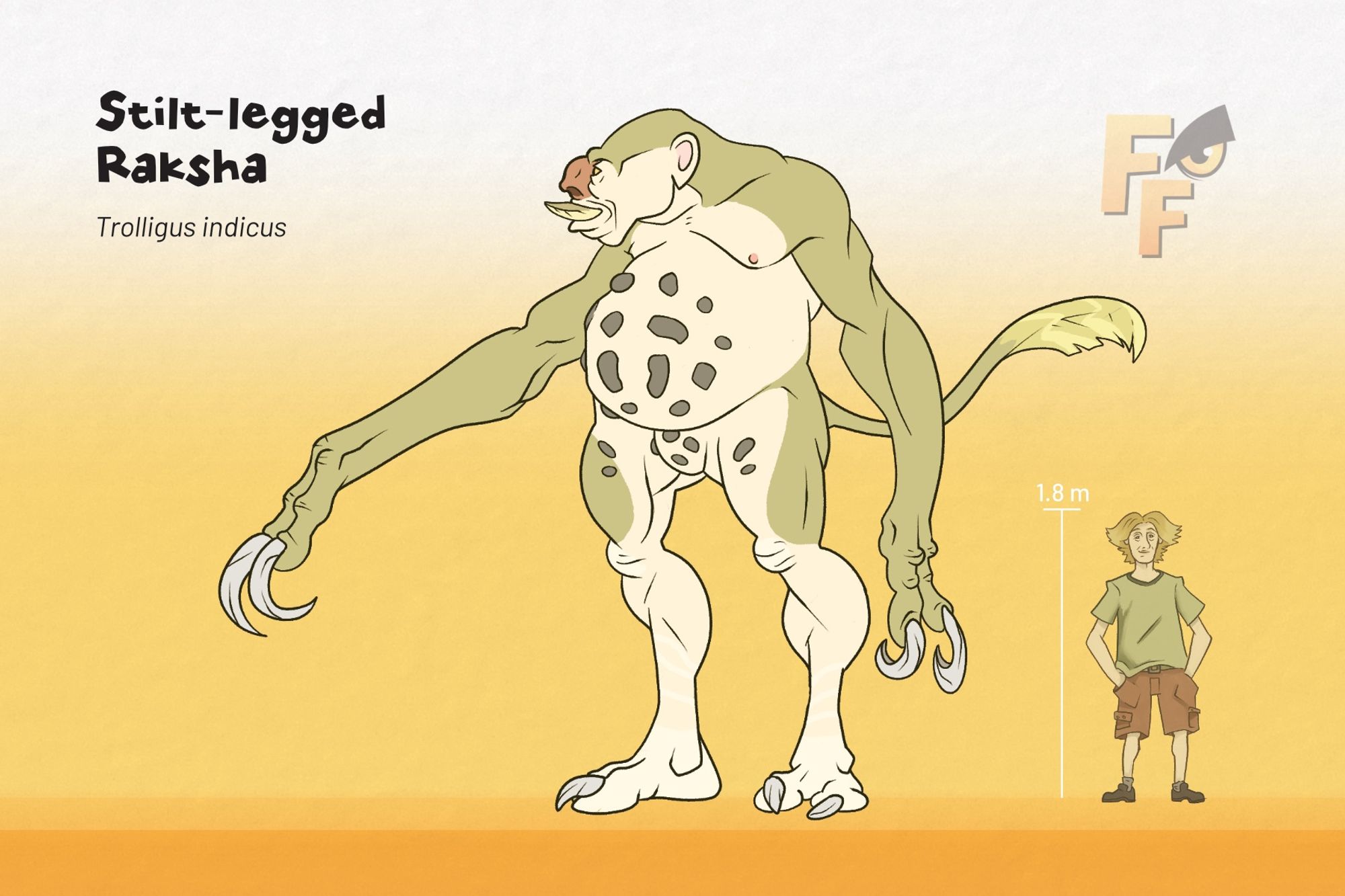 A size comparison of a stilt-legged raksha. A large troglodoid with two digits on each appendage. Mostly hairless, their tails have a plume of long follicles. These beasts stand at almost 4 meters high.