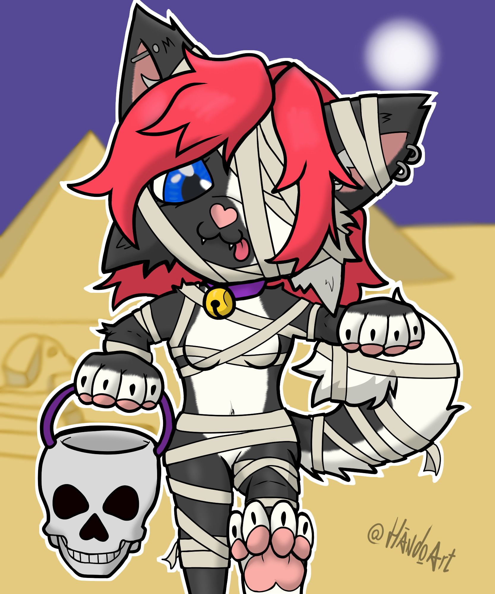 An adorable chibi rendition of Cyb's black and white kitty/husky fursona wrapped up in mummy bandages, zombie walking with a plastic skull bucket