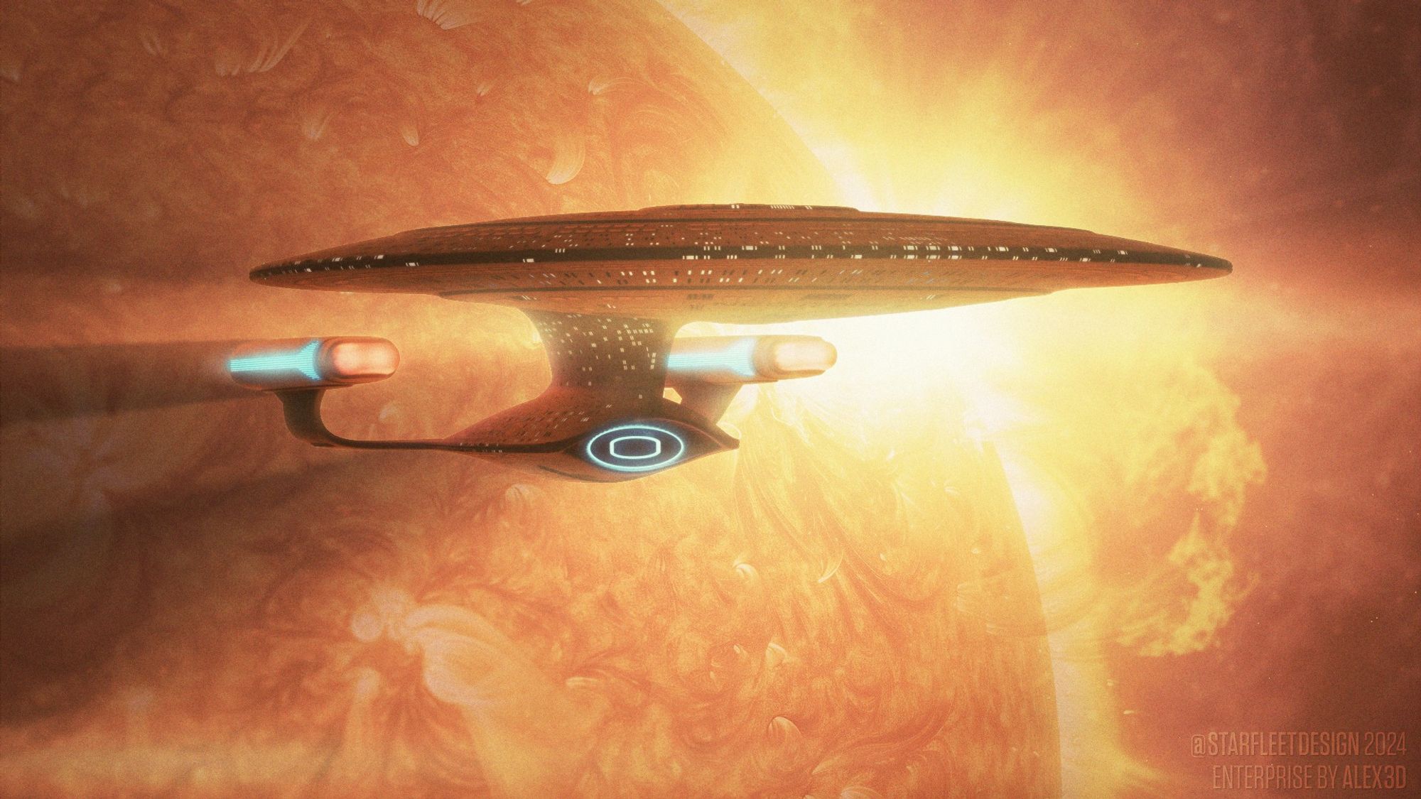 The USS Enterprise-D in front of a blazing sun, Blender 3D render.