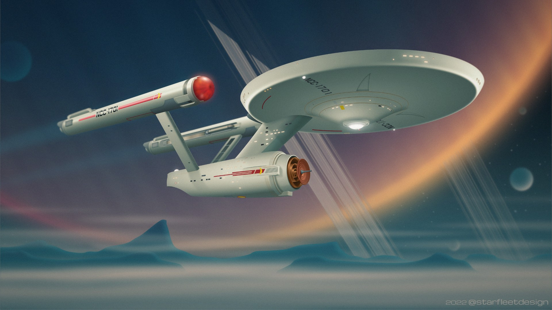 Detailed illustration of the classic USS Enterprise, over an icy moon in front of a ringed gas giant.