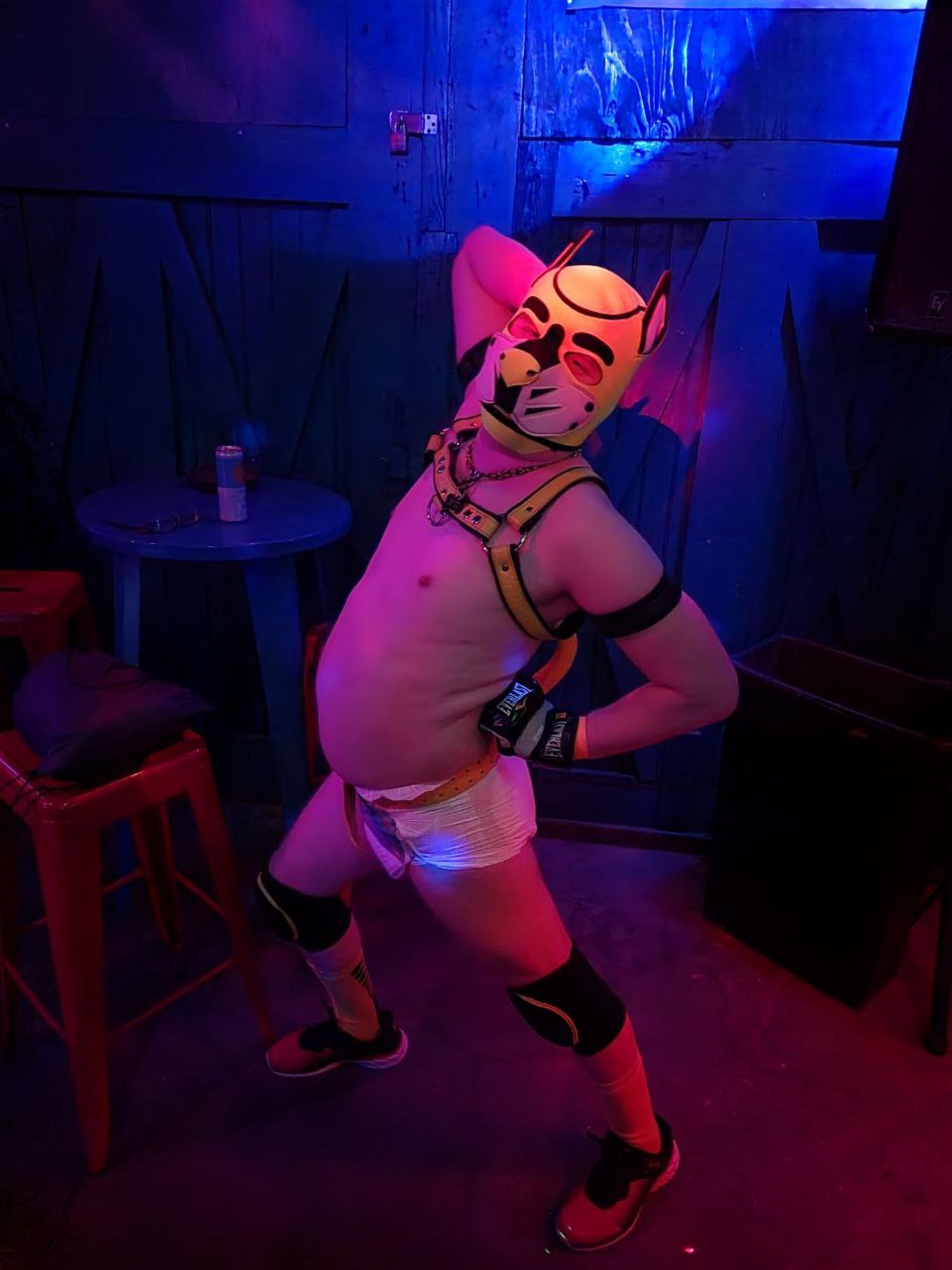 A man in a pup hood, leather harness and diaper striking a silly pose.