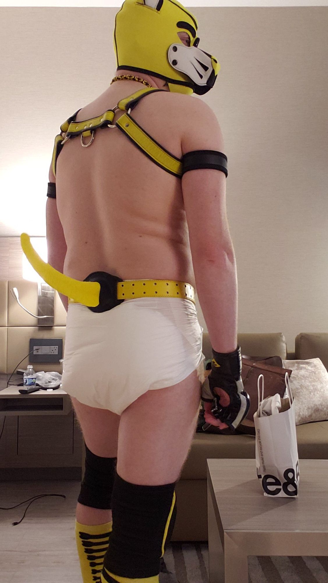 A man in a pup hood, leather harness and diaper with his back to the camera, showing off his rubber tail.