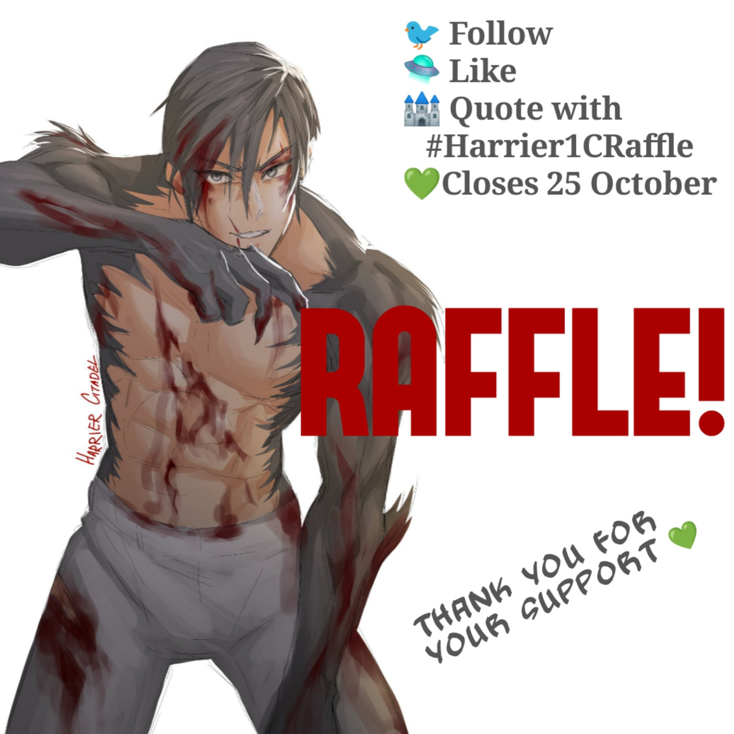 Raffle details: 1. Follow Harrier Citadel, 2. Like the post, 3. Quote the post with #Harrier1CRaffle. Entries close 25 October at 22:00 UTC.