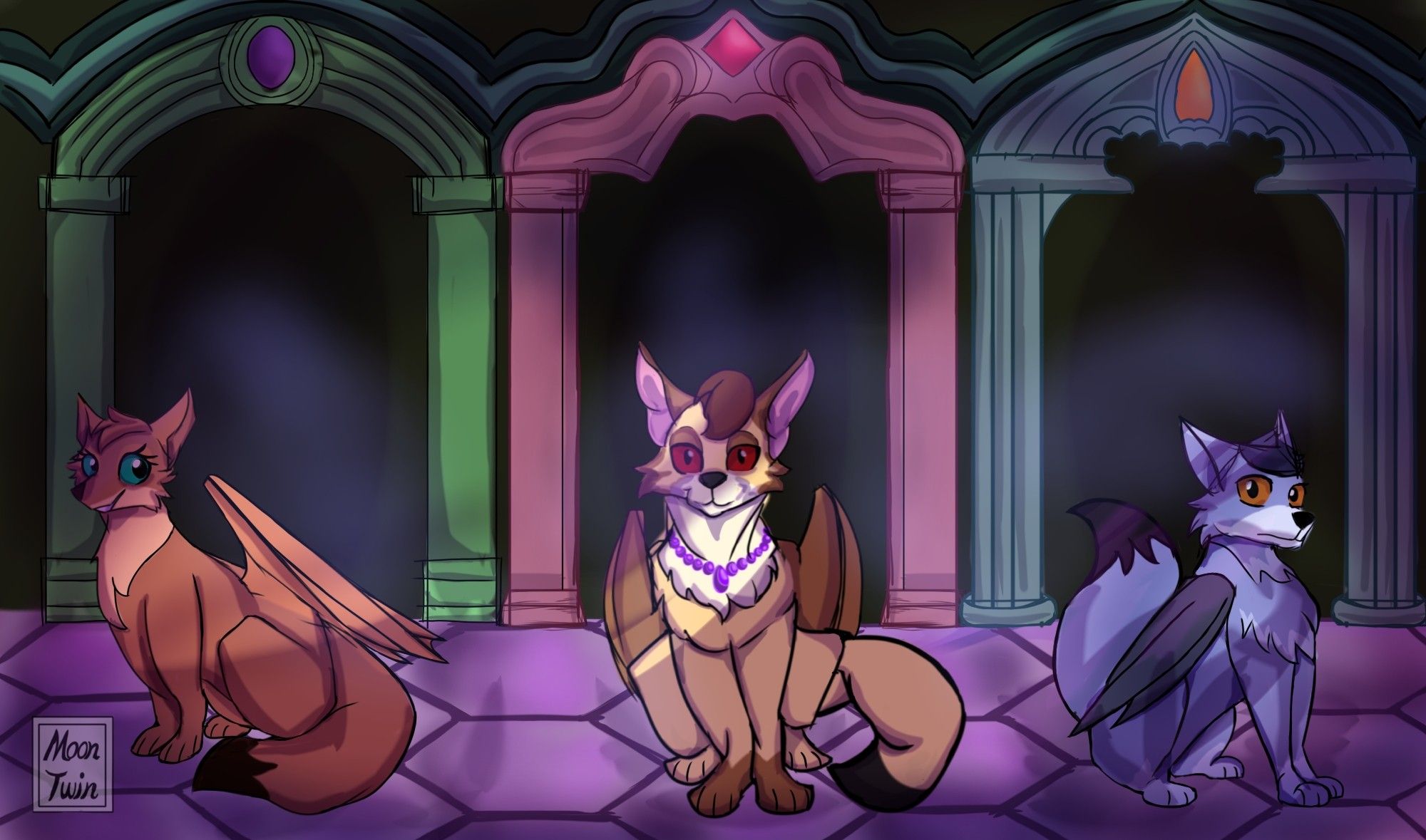 Three small fox-like beings, who all have bat wings, sit in front of a row of three arches. Each being has their own arch to guard, and each arch has a gemstone in the center. From left to right, there is an orange fox with teal eyes, a yellow and brown fox with red eyes, and a blue one with amber eyes. Respectively, they are sitting in front of a green arch with a purple oval gemstone; a pink arch with a brighter pink diamond shape gemstone; and a blue arch with a teardrop shaped orange gemstone. They are sitting, mostly in darkness, on a glassy purple, hexagon-tiled floor, as an eerie white light falls on them from high above.