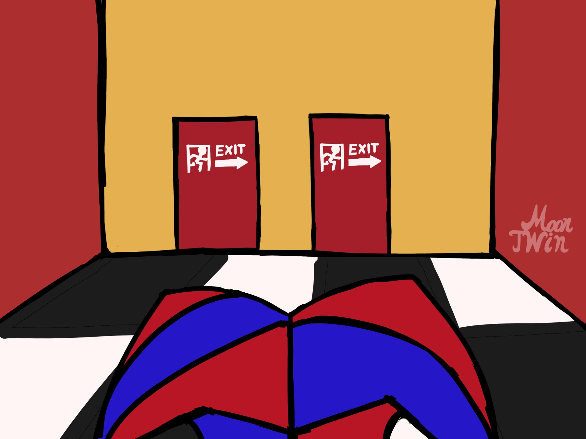 A redraw of a scene from The Stanley Parable, but with Pomni, the jester character from The Amazing Digital Circus, in Stanley's place. We see her head from the back as she stands before two identical red exit doors. Judging by the red and yellow walls, and the black-and-white checkerboard pattern on the floor, Pomni is somewhere in the circus tent.