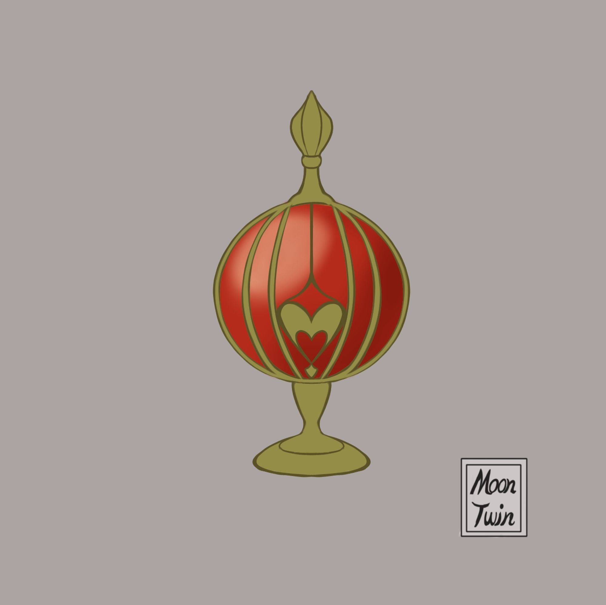 Digital artwork of a spherical red gem encased in a decorative golden "cage". It stands in the middle of a plain grey background. The gem has a heart motif on the front.