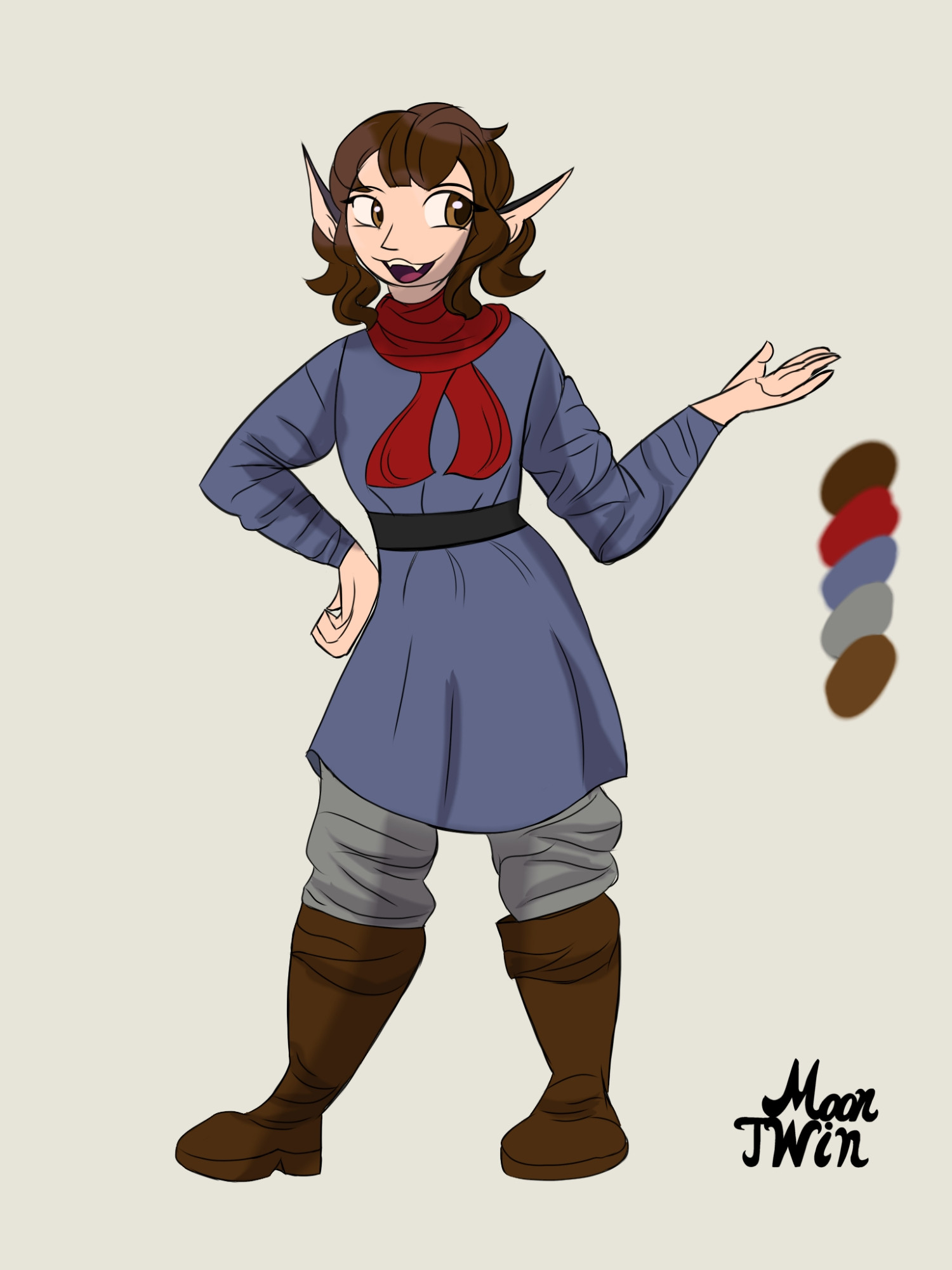 A drawing of myself as an elf. I have black fur on the backs of my ears. I have short wavy brown hair and brown eyes. I am wearing a greyish-blue tunic, a red scarf, and a black belt. I am wearing baggy grey pants and brown work boots.