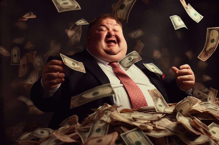 Picture of corrupt male Fat Cat in a huge pile of money