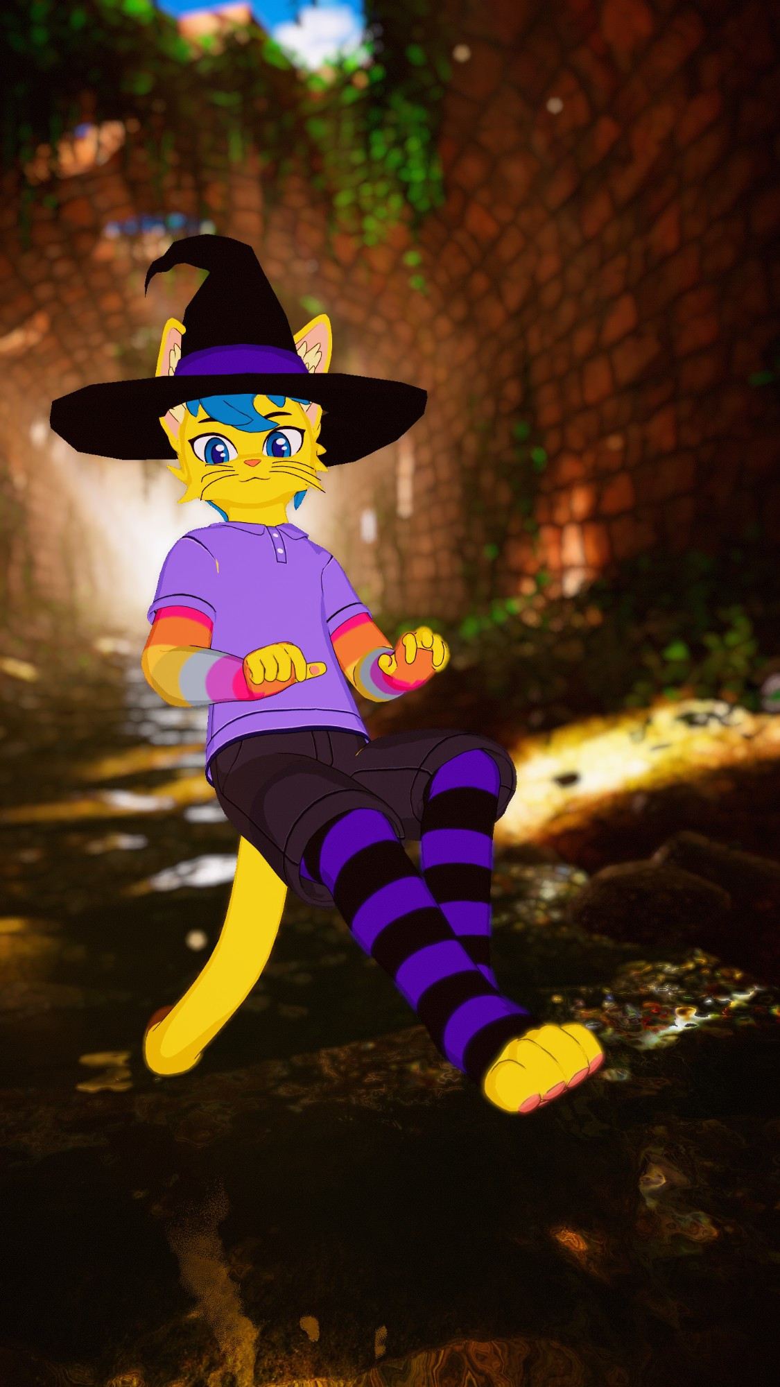 (VRchat screenshot) a Yellow anthropomorphic cat with blue hair, in a purple polo, pastel rainbow armwarmers, grey shorts and purple black striped shirts and a witches hat reclines mid air in a vegetated sunlit tunnel 