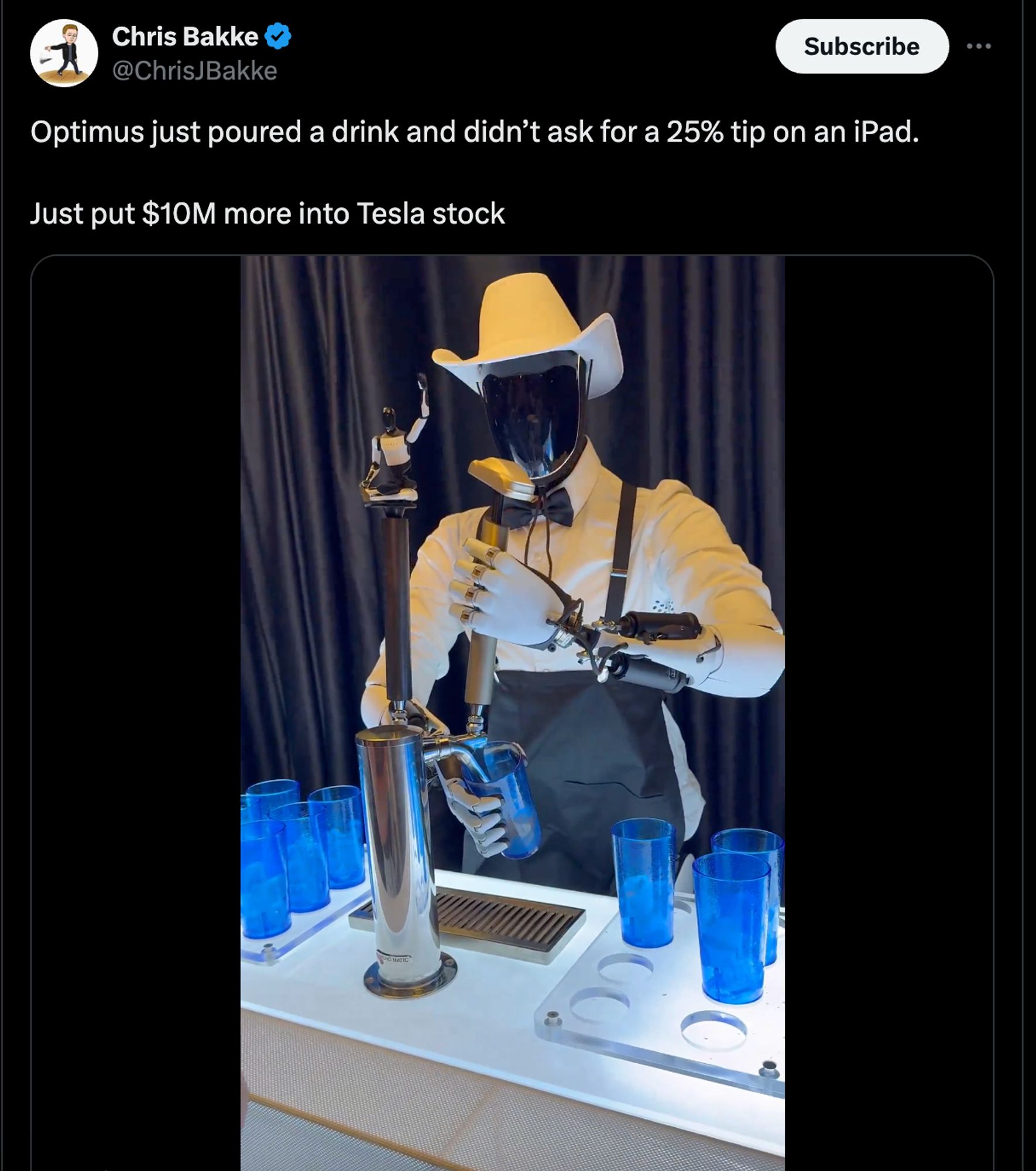 Screencap of some weird tech bro investor saying that we should add 10m more to Tesla stock because the robot bartenders didn't ask for a 25% tip for pouring a drink.