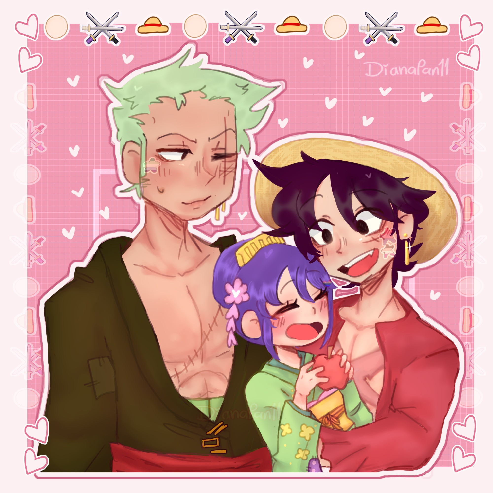 Zoro with Luffy and Tama, while Luffy carries Tama and she eats an apple