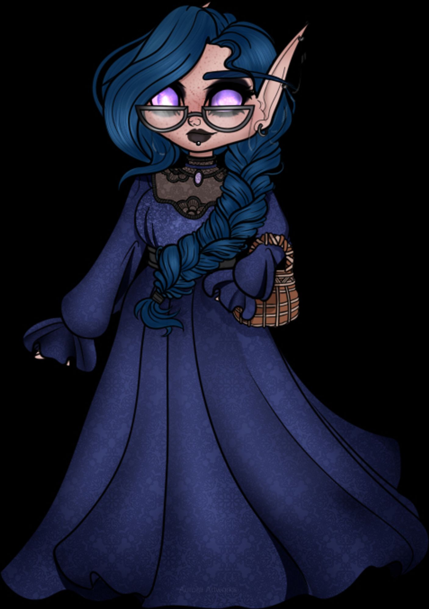 Image of an elf dressed in a vintage lace gothic dress. She is pale, with glowing purple eyes. She has a lip piercing, and a chained ear piercing - along with silver glasses. She is holding a brown basket.