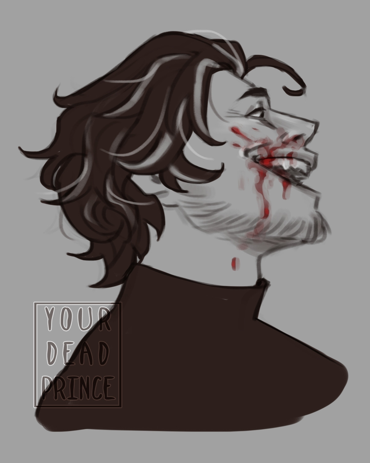 The same man from before but now viewed from profile, smiling manically. There's blood around his nose, seemingly going down to his mouth and then onto his jaw.