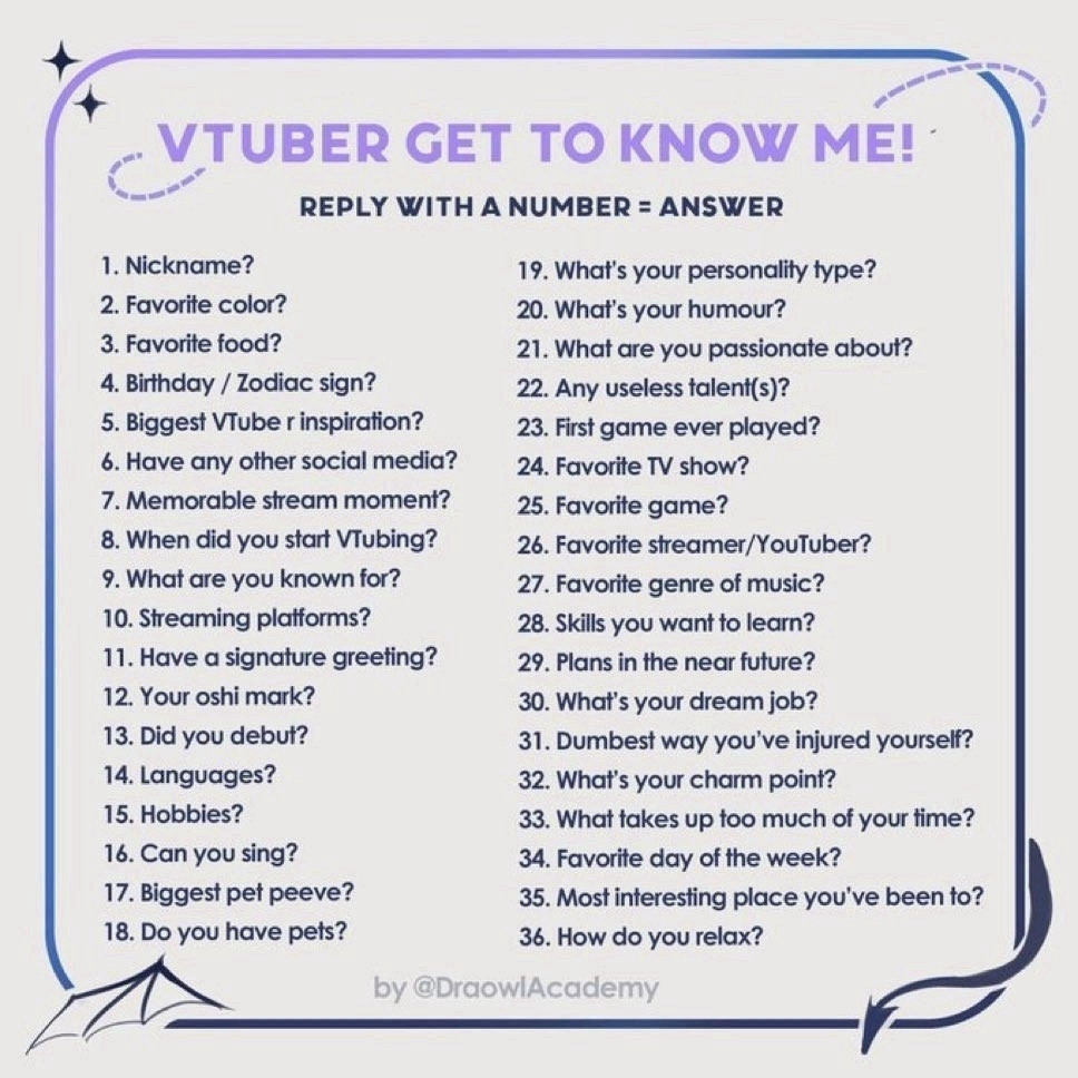 🏳️‍⚧️#trans Vtuber get to know me list, replay with a number and get an answer.💖💖