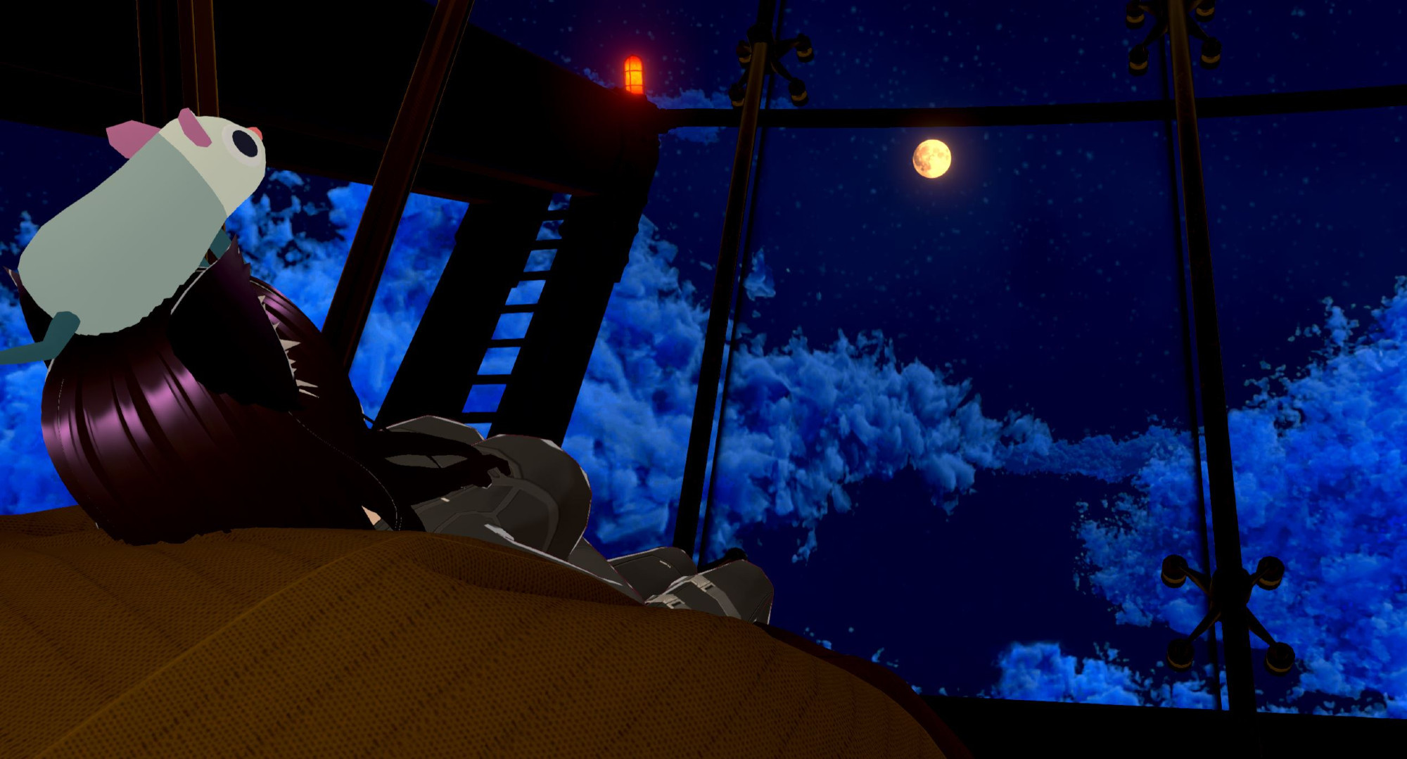 Lexie in a nicely lit room looking out over the clouds at the moon with her low poly possum on her head getting ready to sleep and see what tomorrow has to bring.