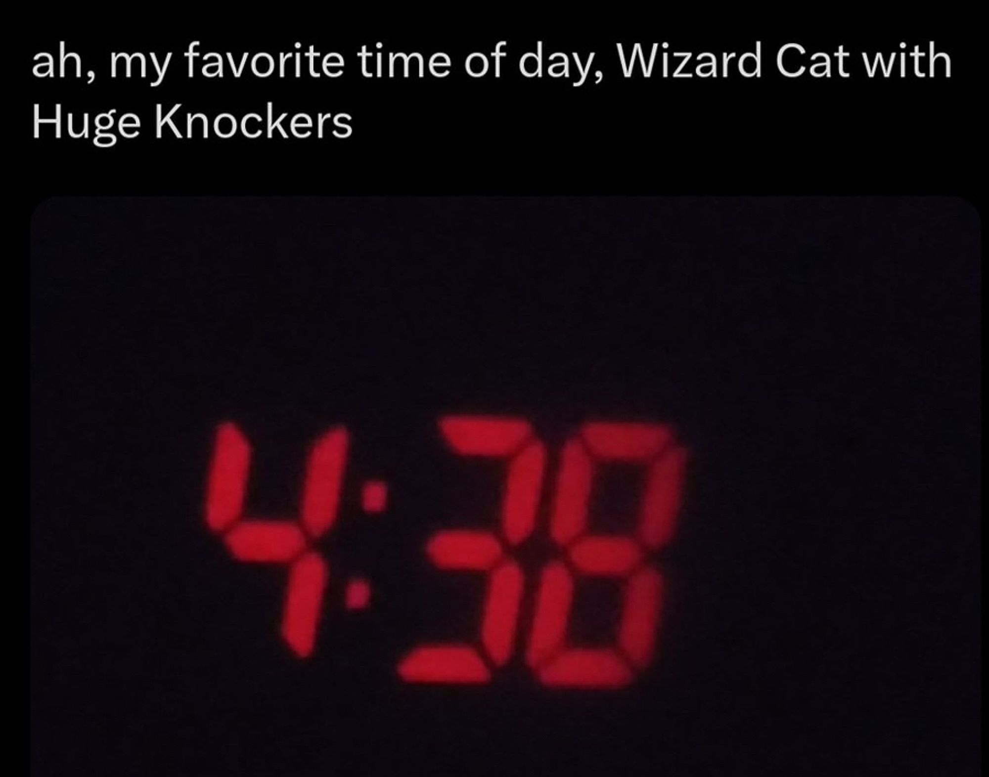 A picture of a clock with text that reads “ah, my favorite time of day, wizard kitty with huge knockers” 4:38
💖🏳️‍⚧️⚧️