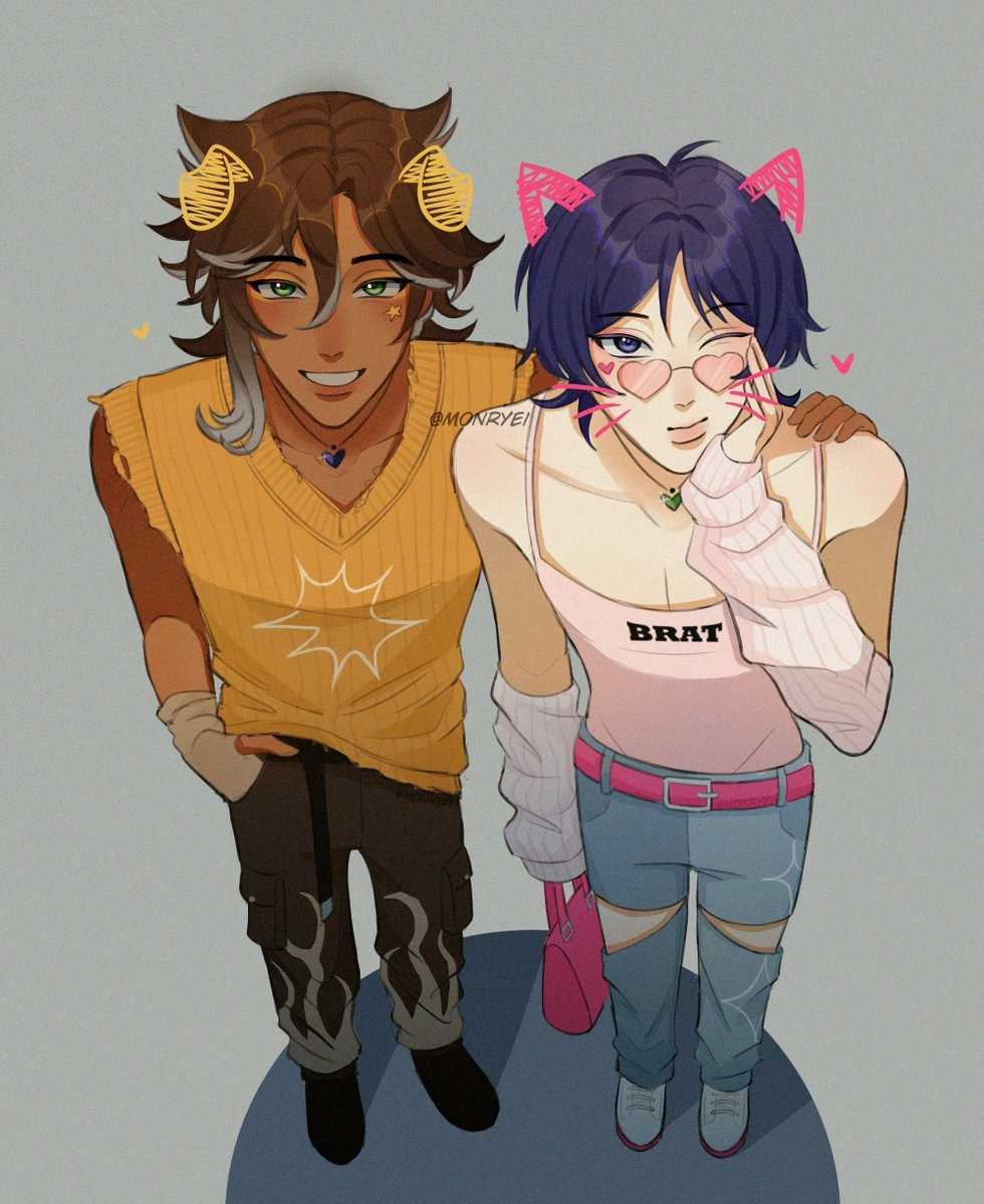 sethos and scara posing from a kinda top-view perspective with drawn-on cat and dog ears

sethos is wearing a yellow v-neck sleeveless top with a white burst outline as the design with brown pants with white fire designs 

scara is wearing a baby pink tank top that has 'brat' written with cut jeans and has a hot pink belt and purse

they both are wearing hand/arm warmers with matching necklaces