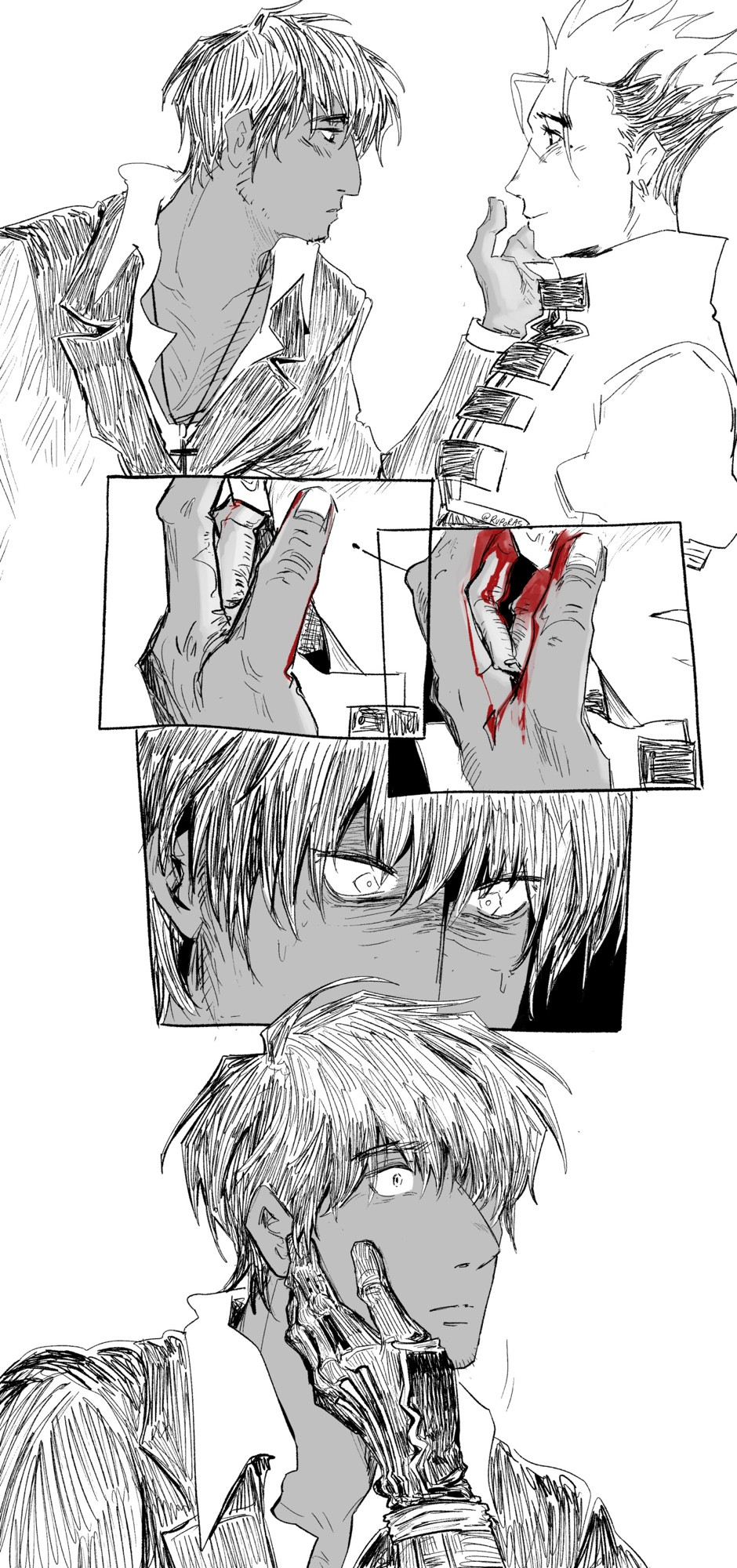 trigun max fancomic. wolfwood reaches towards vash’s cheek with a hand, a soft expression on his face while vash smiles, welcoming. from wolfwood’s perspective, he sees his hand make contact with vash’s cheek but suddenly, blood pours from the tip of his fingers and he’s reminded of what his hands have been responsible for. his eyes widen in fear, stuck in his own head until vash’s hand reaches and touches wolfwood’s cheek gently. wolfwood lifts his eyes and looks at vash with surprise and a hint of vulnerability.