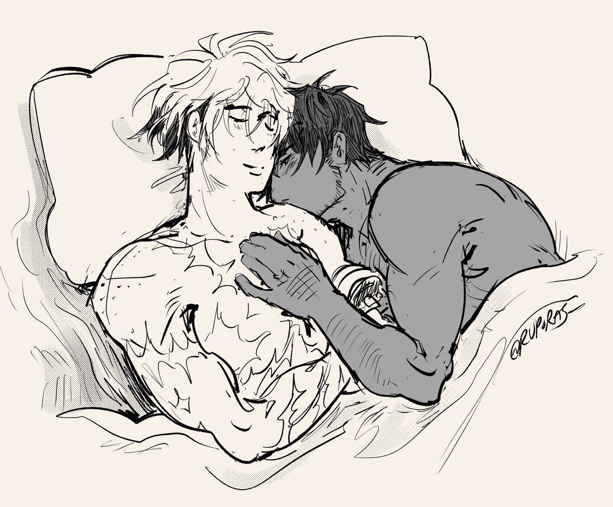 the pair half naked lies in bed together. wolfwood is tucked into vash’s shoulder, leaning close with a hand over vash’s chest, over his heart. vash’s eyes are closed, peaceful and smiling while wolfwood wears a lovesick gaze towards the scarred body of vash’s.