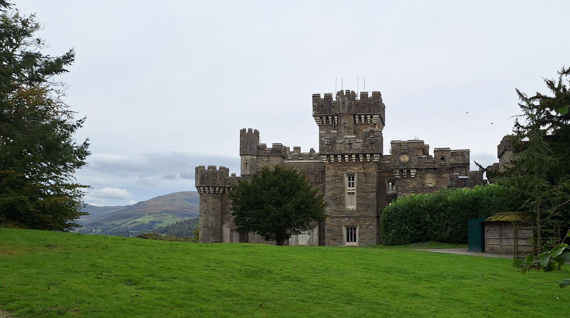 Wray Castle, hills in the distance.