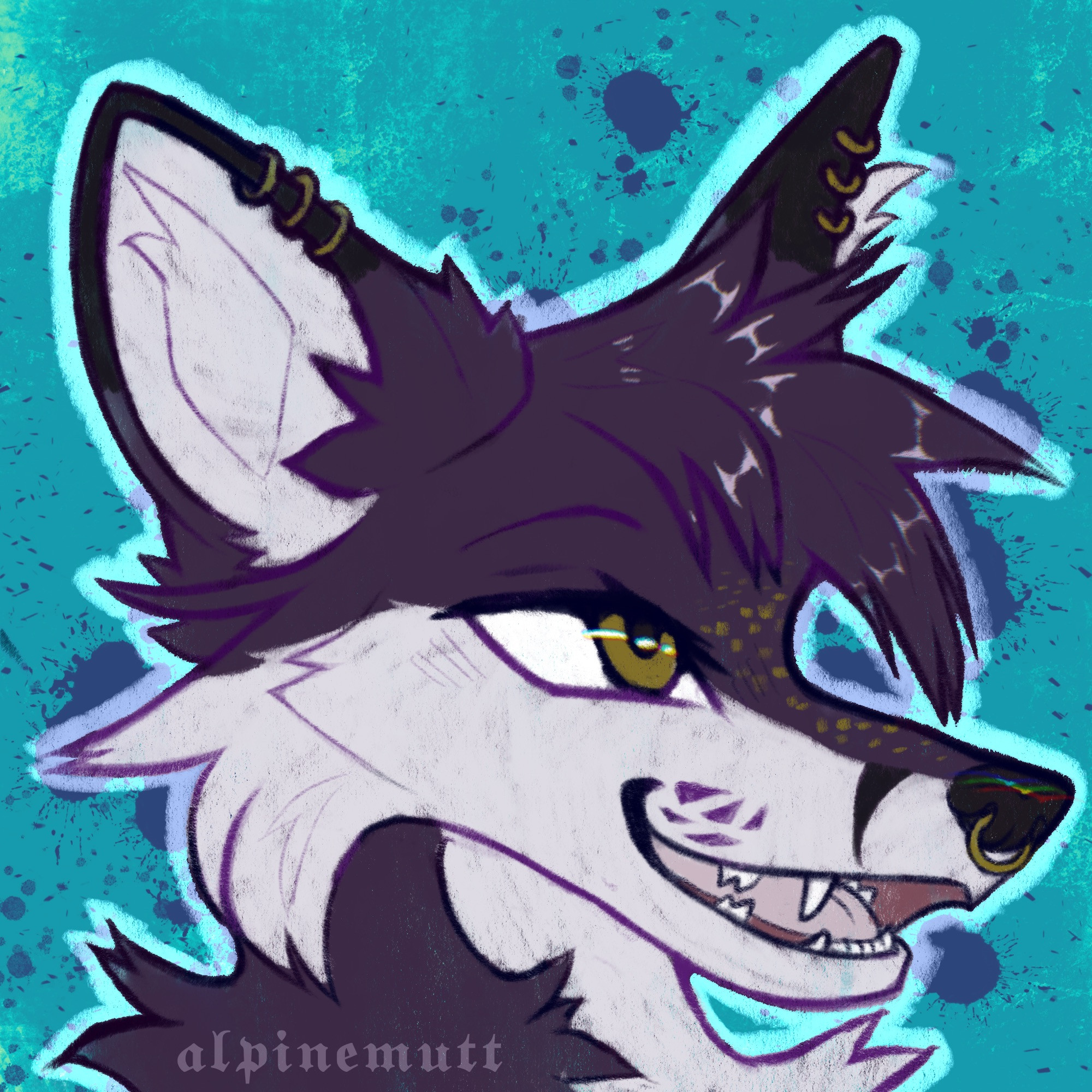Digital artwork headshot sketch of a stylized fox character with fluffy dark purple and white fur, and yellow eyes. They are smiling with their mouth open. The background is blue with paint splatters.