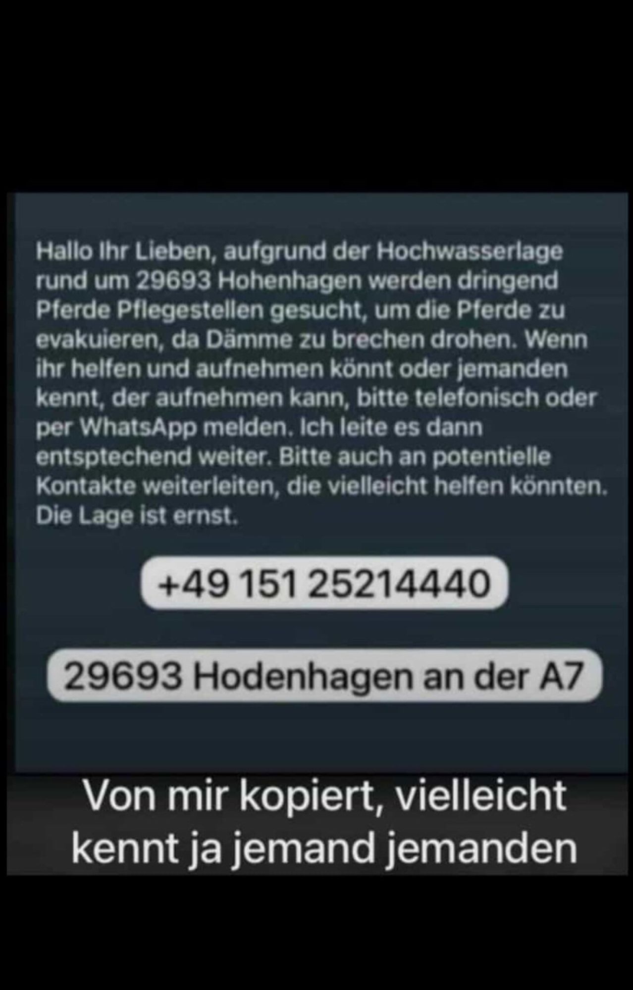 Bitte meldet Euch telefonisch oder per WhatsApp, wenn ihr ein oder mehrere Pferde aufnehmen könnt unter: 0151 25214440.