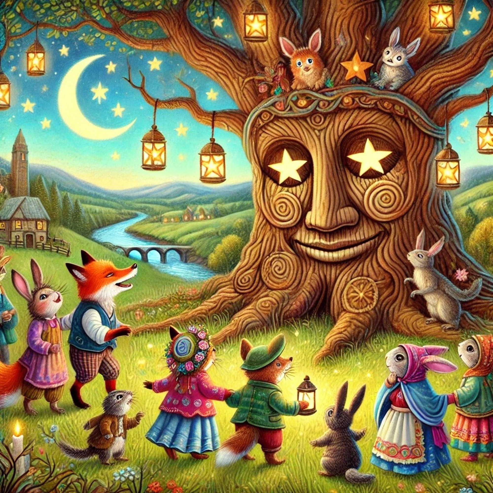 Storybook illustration of a landscape with a smiling tree that has stars for eyes surrounded by cute forest animals dressed in old fashioned clothing 
Machine Learning Art AI Art