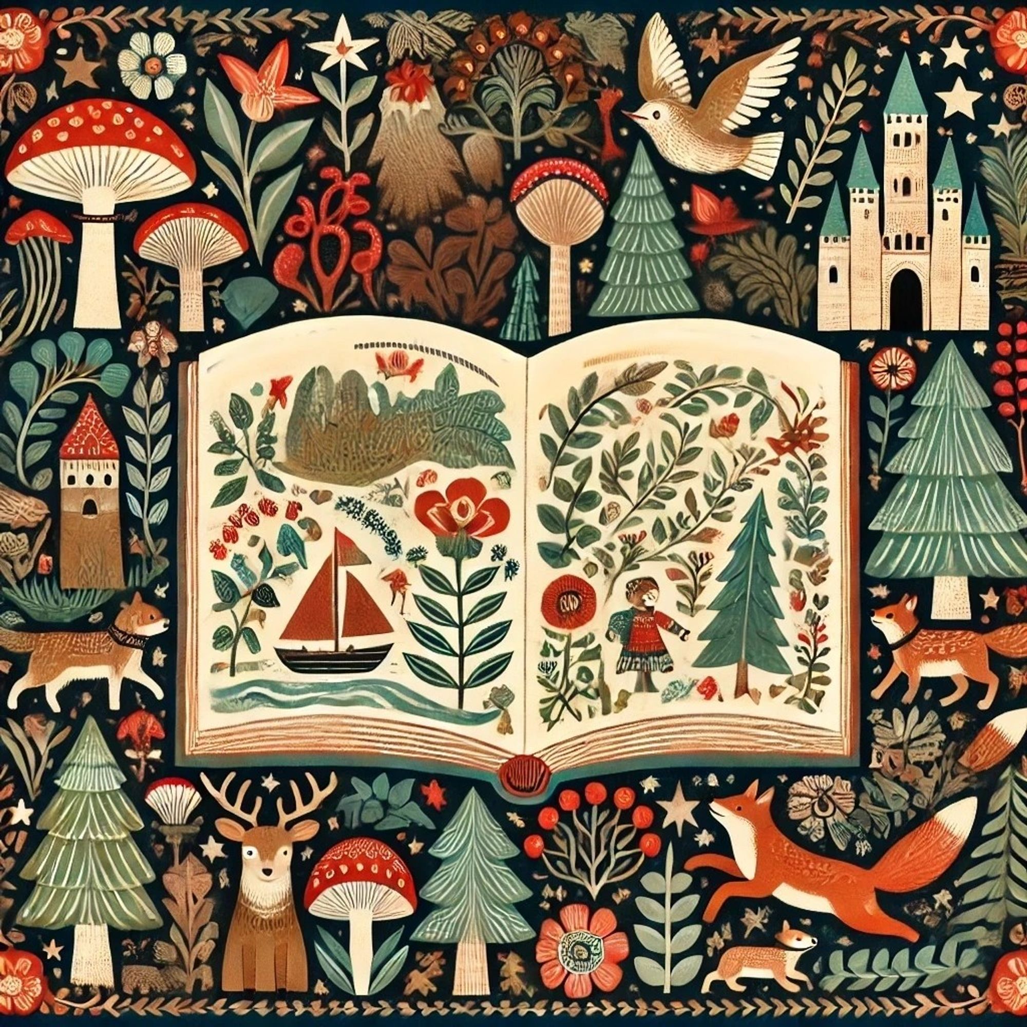 A picture storybook surrounded by storybook images 
Folkart style illustration 
Machine Learning Art AI Art